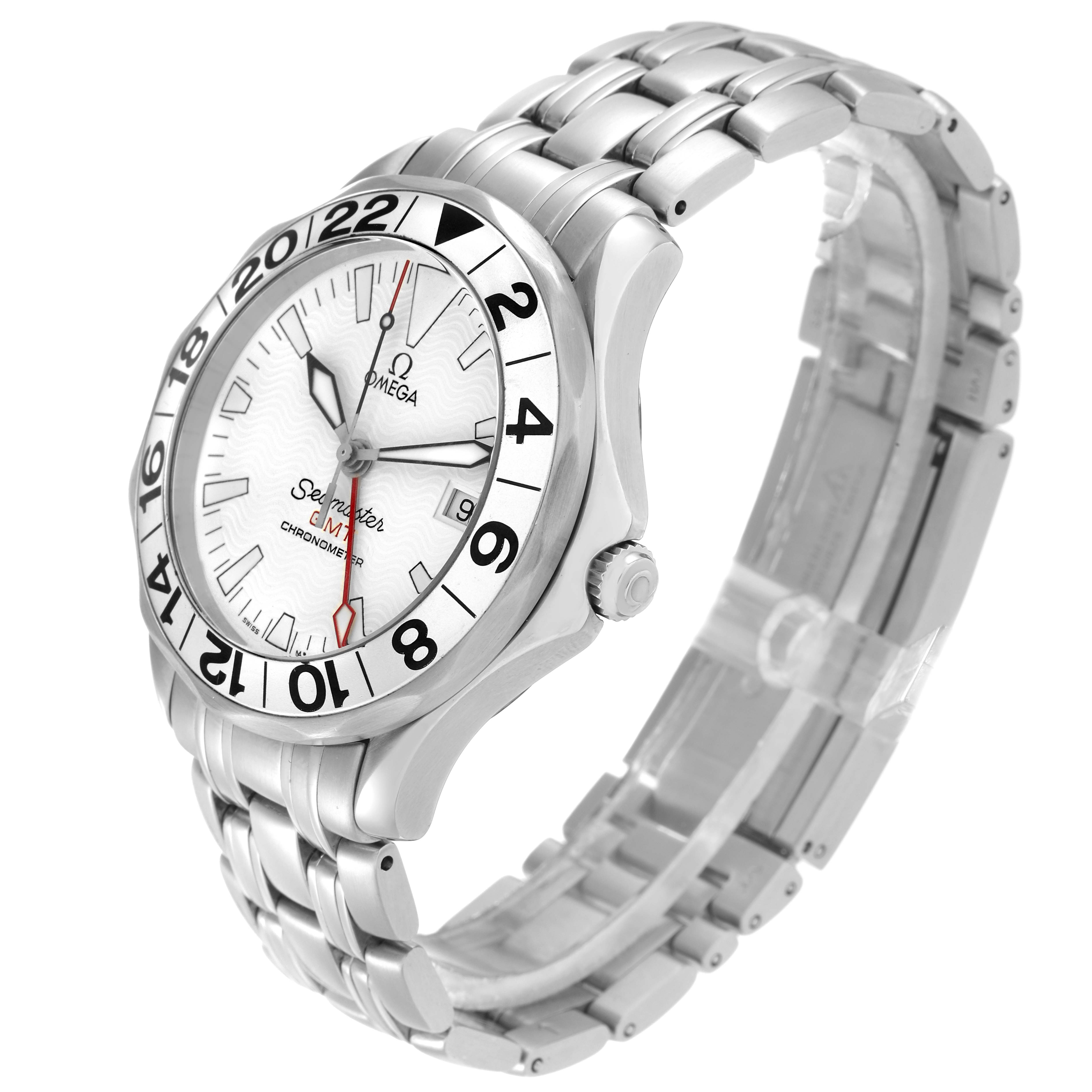 The Omega Seamaster 2538.20.00 Men
s Stainless Steel White Dial watch is shown at a three-quarter angle displaying the dial, bezel, crown, and metal bracelet.