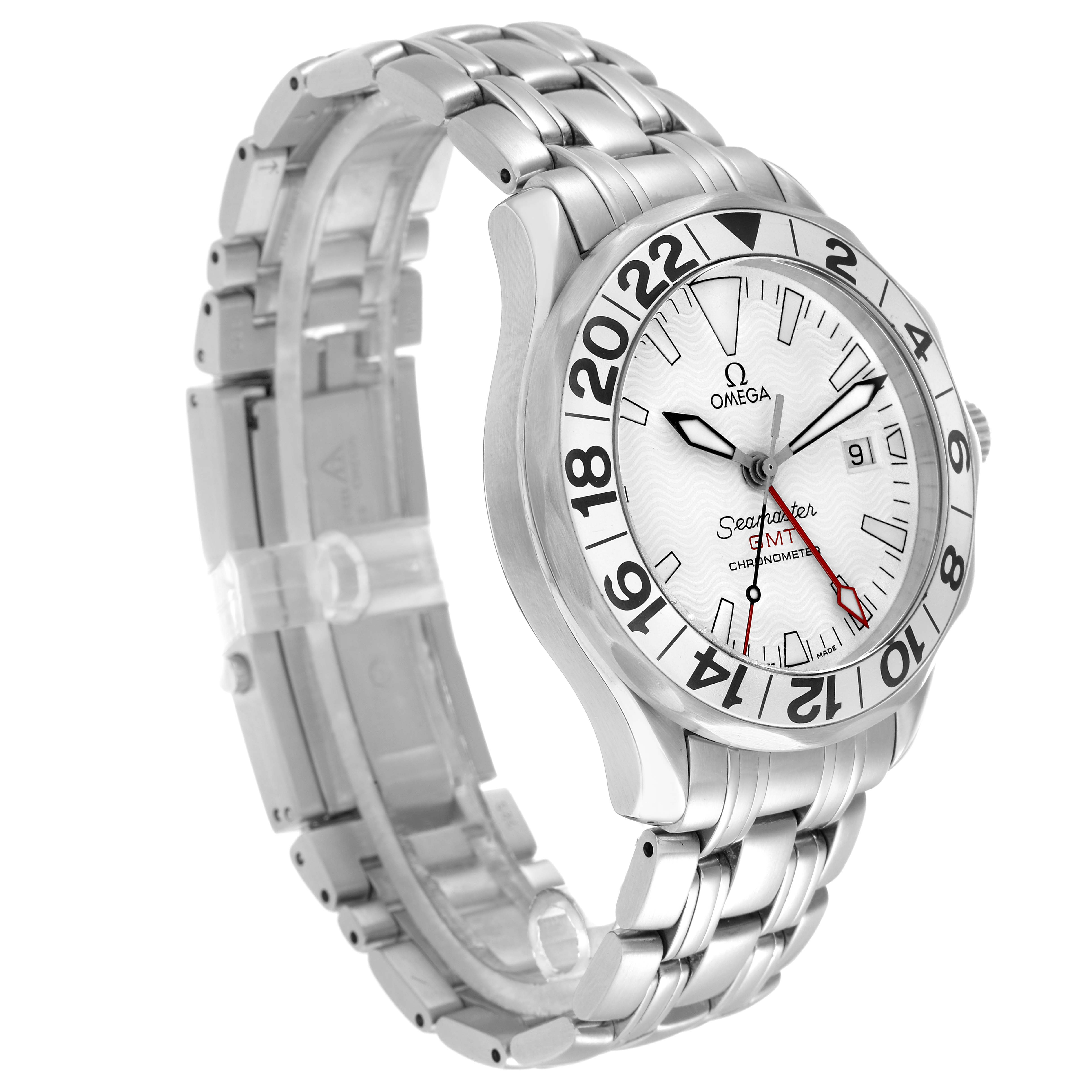 The Omega Seamaster 2538.20.00 Men
s Stainless Steel White Dial watch is shown at an angled side view highlighting the bracelet, bezel, and face details.