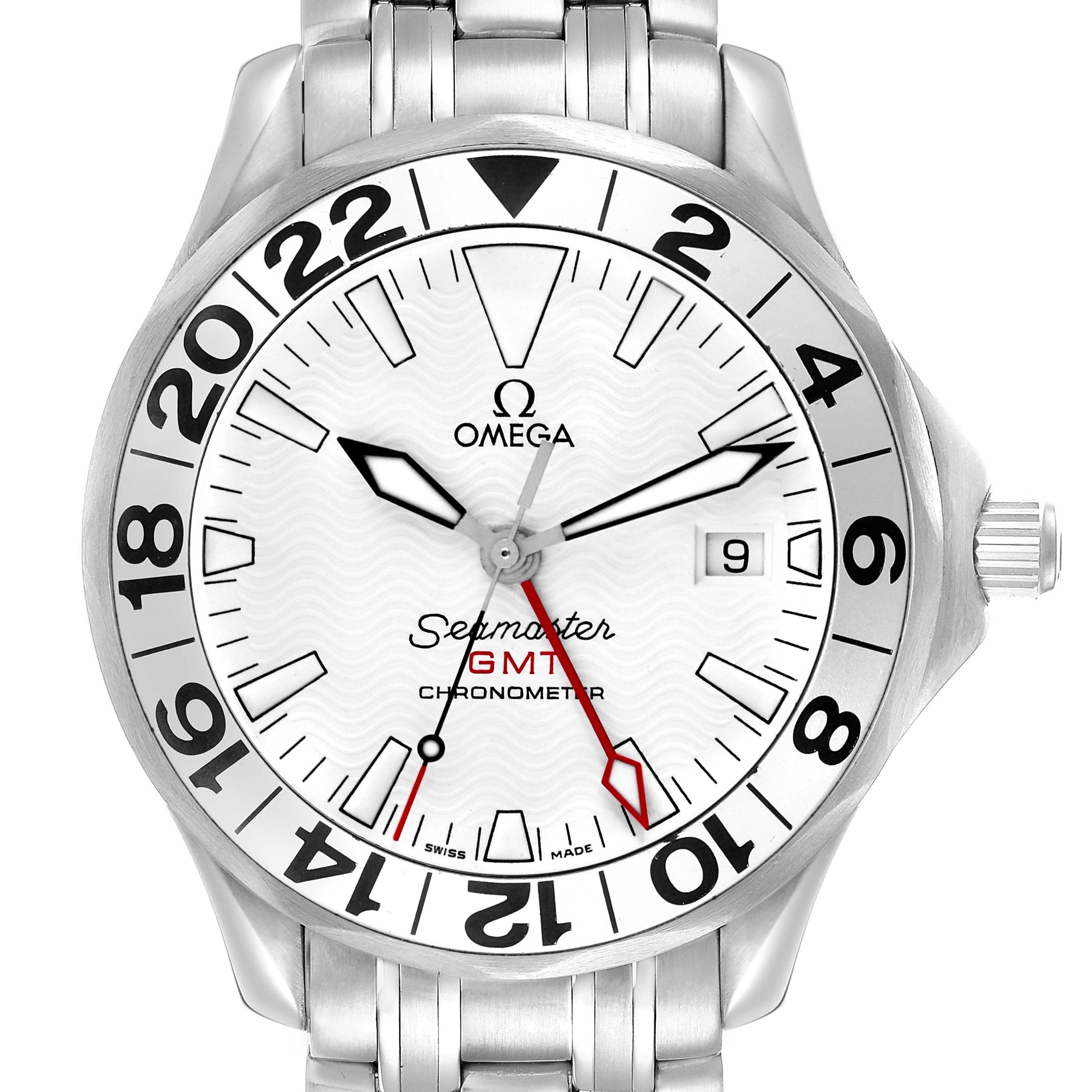 The Omega Seamaster 2538.20.00 Men
s Stainless Steel White Dial GMT watch is shown from a front angle, displaying the face, bezel, crown, and part of the bracelet.