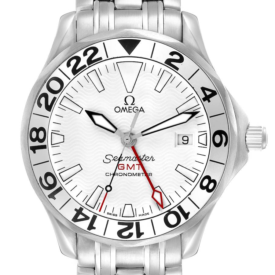 The Omega Seamaster 2538.20.00 Men's Stainless Steel White Dial GMT watch is shown from a front angle, displaying the face, bezel, crown, and part of the bracelet.