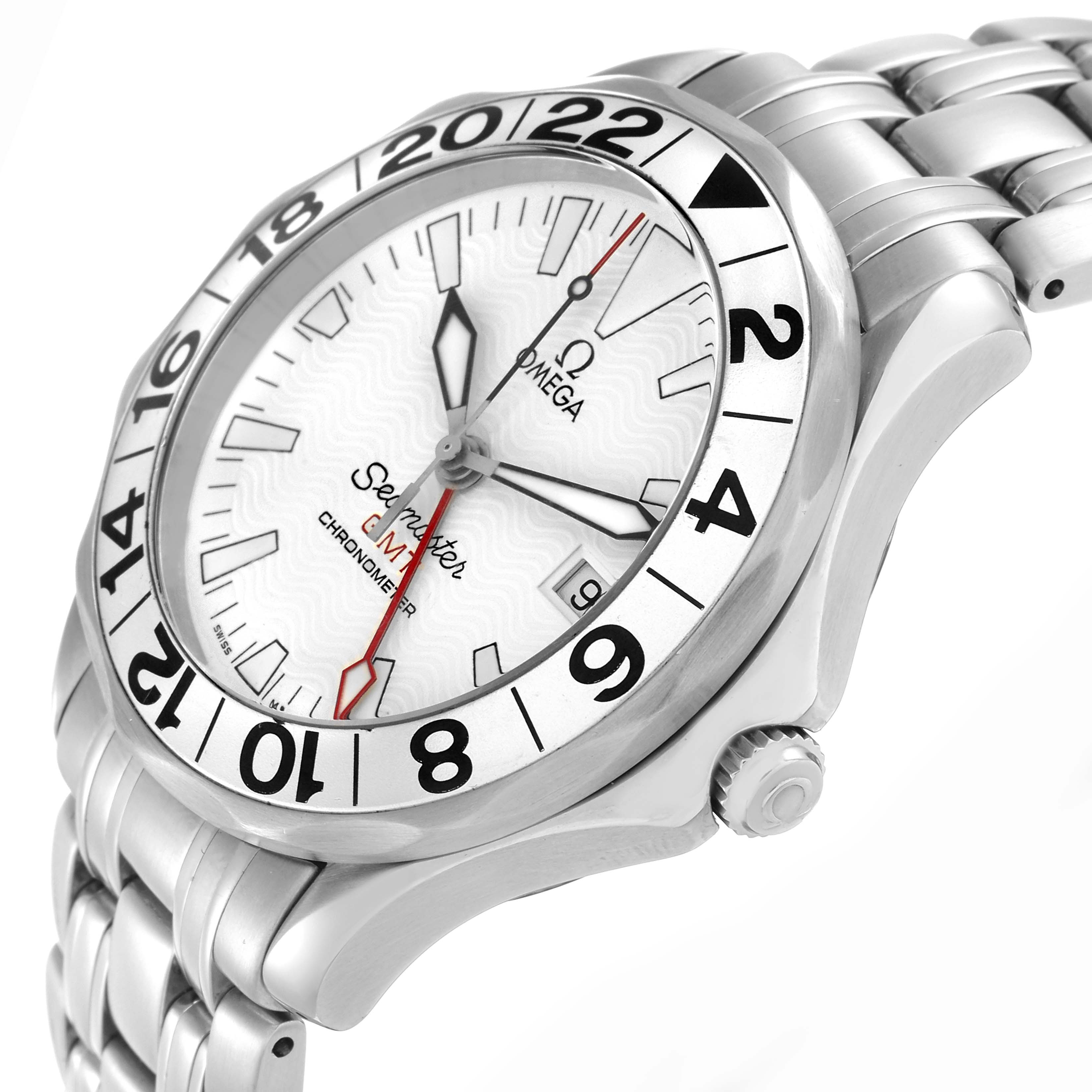 The Omega Seamaster 2538.20.00 Men
s Stainless Steel White Dial watch is shown at a slight angle, highlighting its dial, bezel, crown, and bracelet.