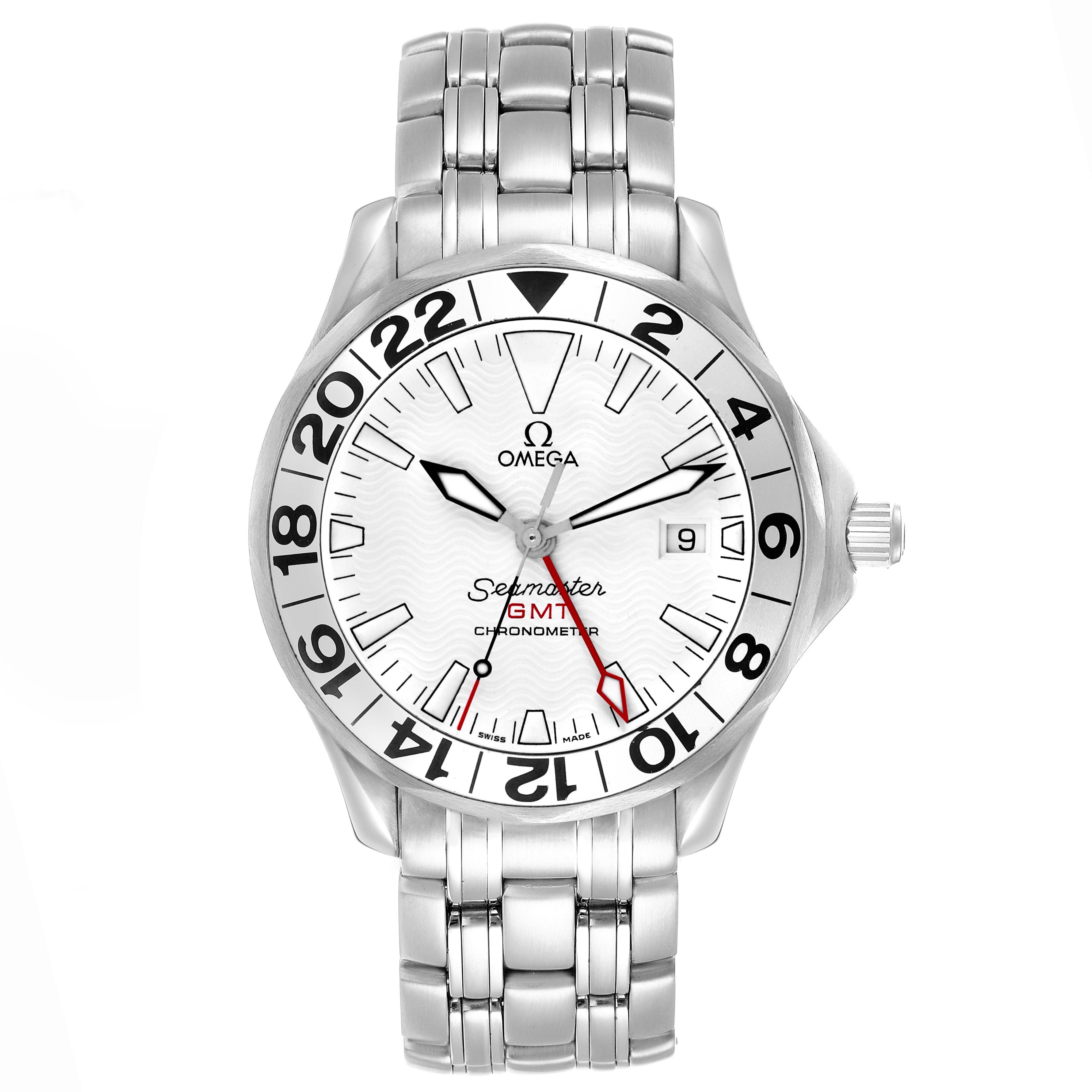 The Omega Seamaster 2538.20.00 Men
s Stainless Steel White Dial watch is shown from a frontal angle, displaying the dial, bezel, bracelet, and crown.