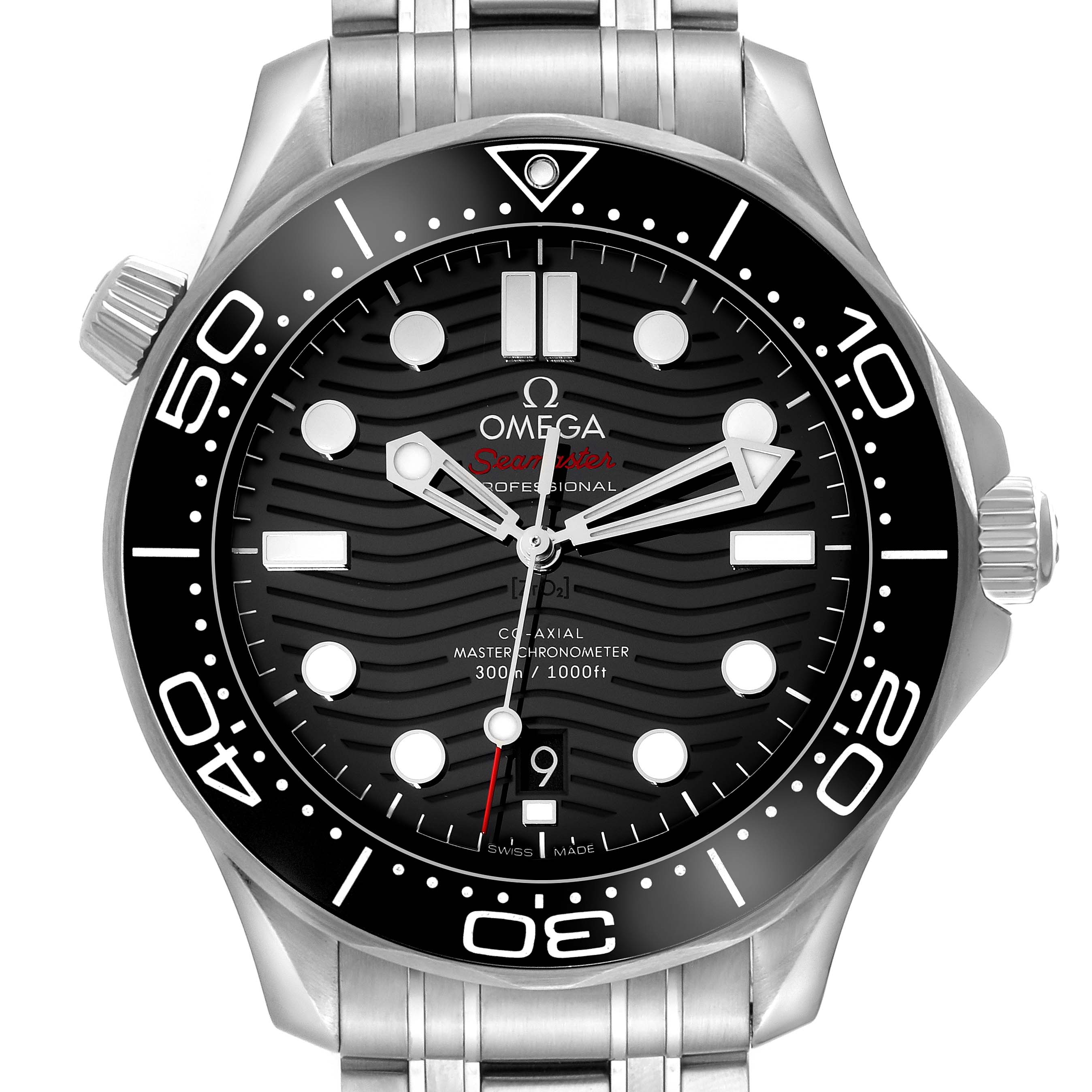 This image shows a frontal view of an Omega Seamaster 210.30.42.20.01.001 Men
s Stainless Steel Black Dial 210.30.42.20.01.001 Men
s Stainless Steel Black Dial watch, highlighting the dial, bezel, and part of the bracelet.