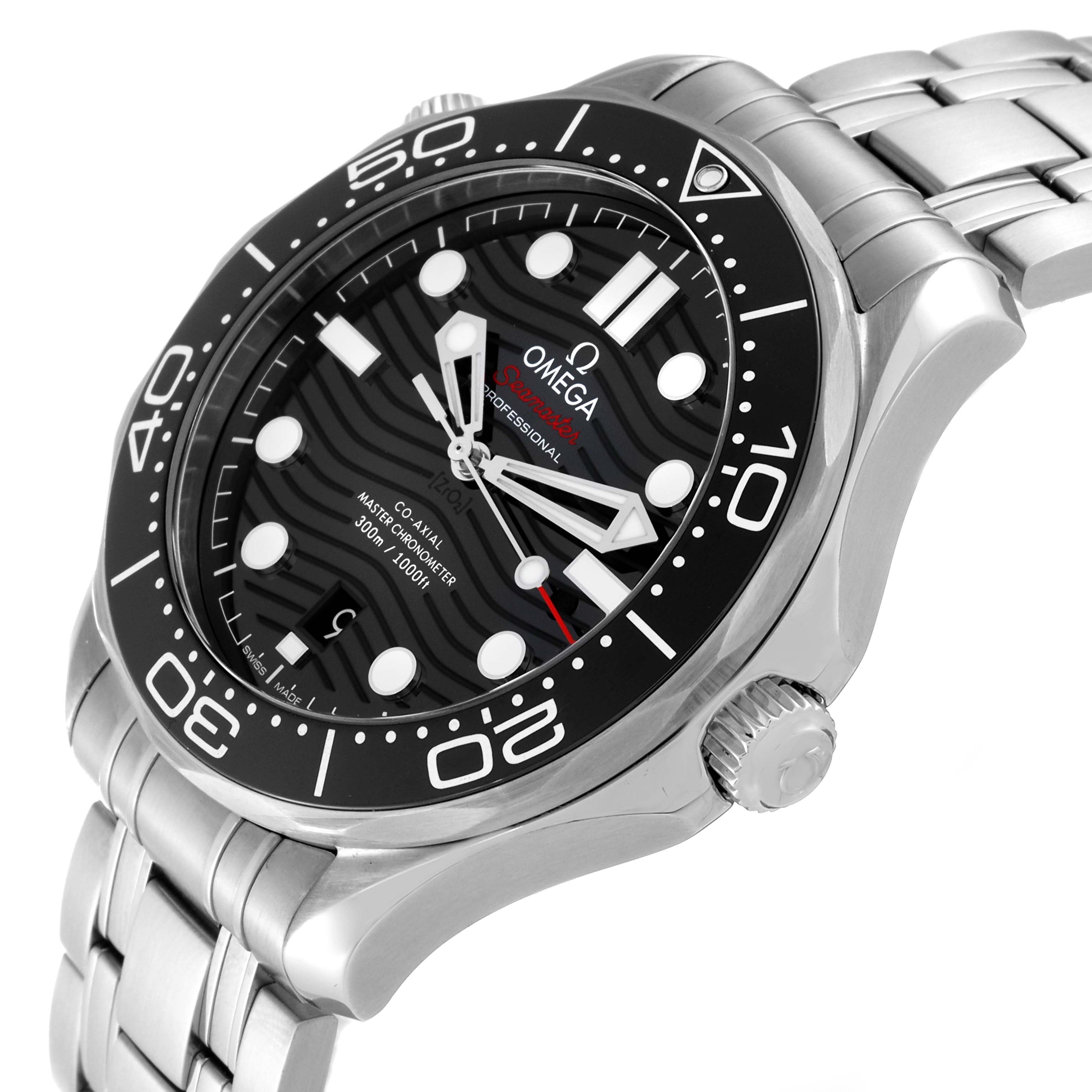 The Omega Seamaster 210.30.42.20.01.001 Men
s Stainless Steel Black Dial 210.30.42.20.01.001 Men
s Stainless Steel Black Dial watch is shown at a slight angle, highlighting the dial, bezel, crown, and stainless steel bracelet.