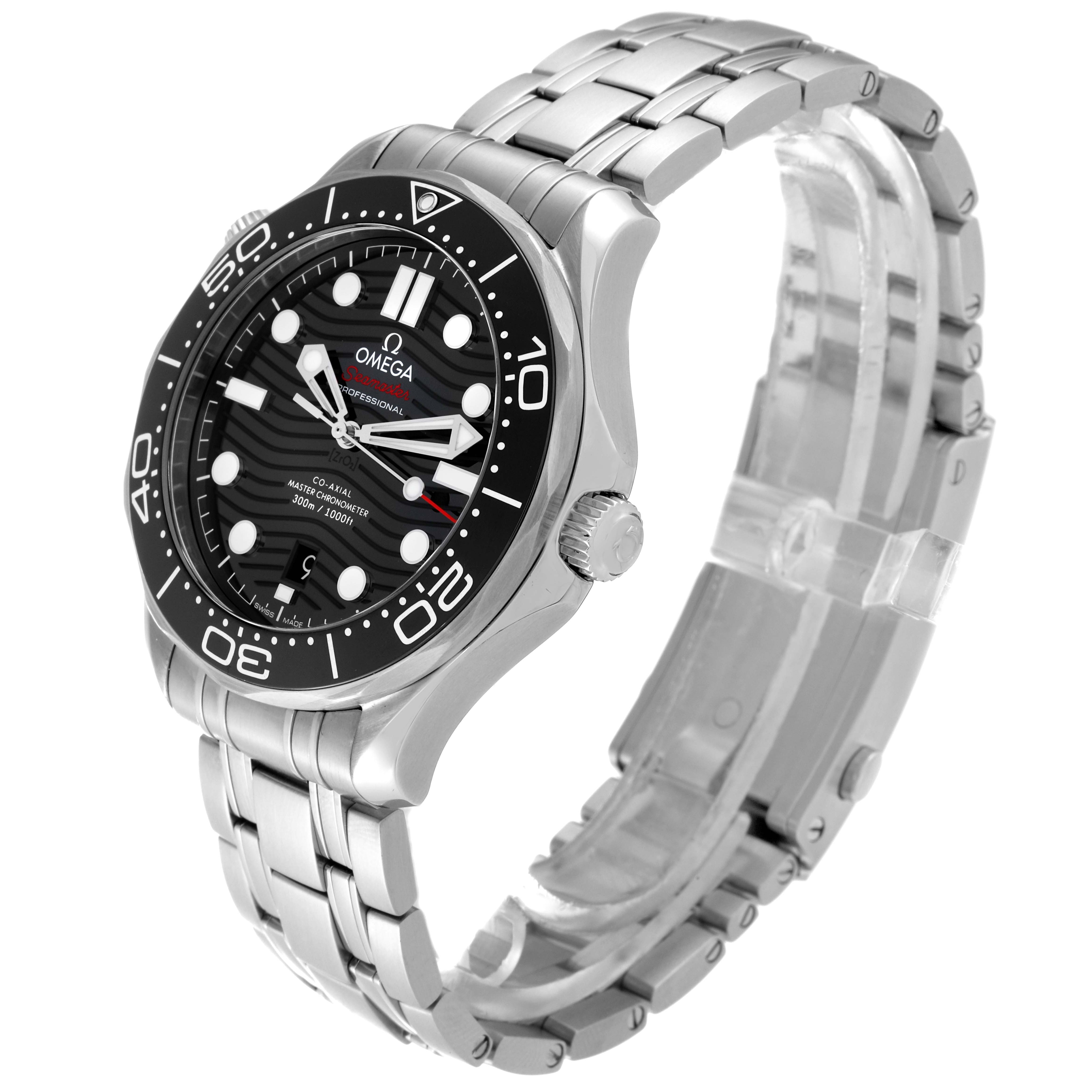 The image shows a side angle of the Omega Seamaster 210.30.42.20.01.001 Men
s Stainless Steel Black Dial 210.30.42.20.01.001 Men
s Stainless Steel Black Dial watch, showcasing its black dial, bezel, and metal bracelet.