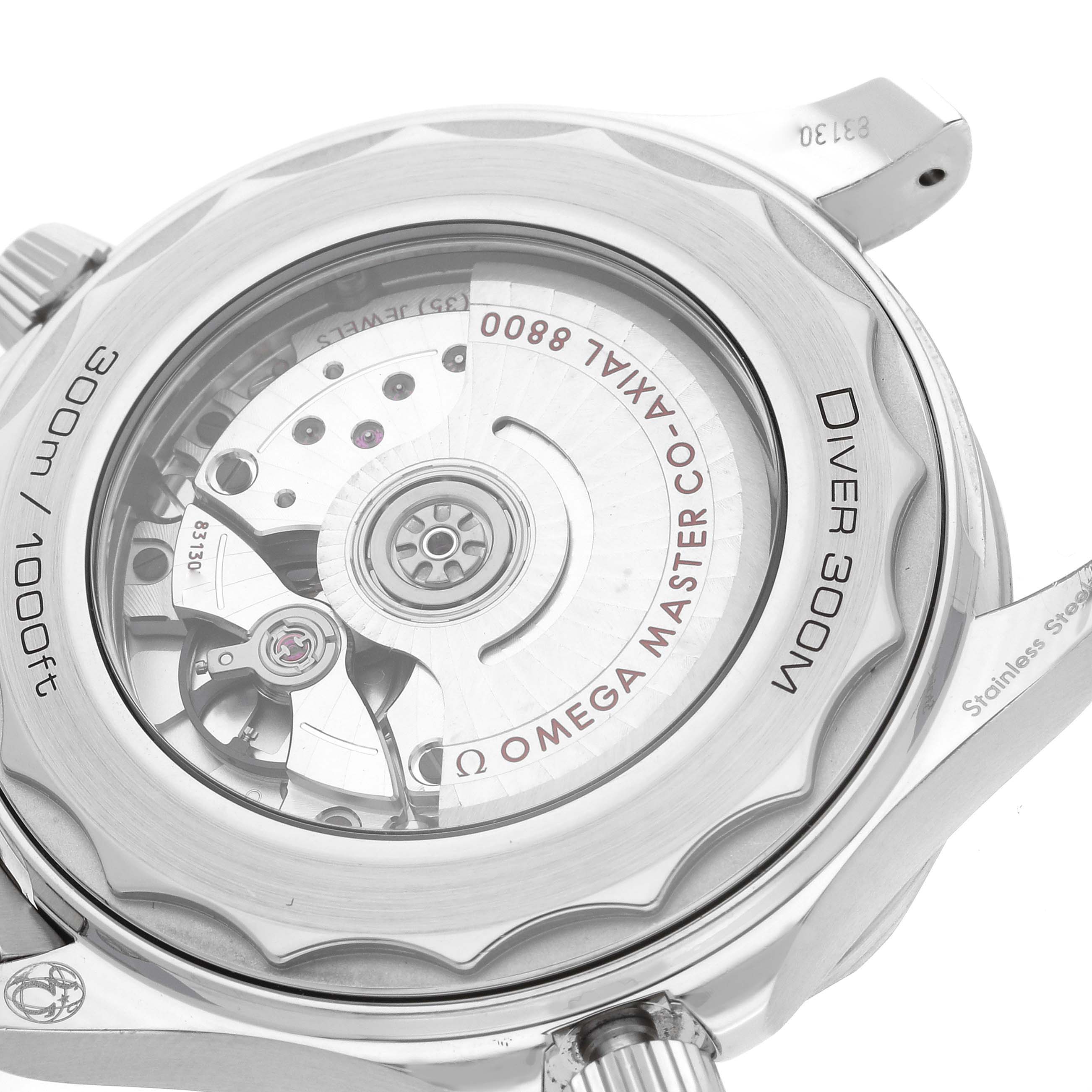 The image shows the back case of the Omega Seamaster 210.30.42.20.01.001 Men
s Stainless Steel Black Dial 210.30.42.20.01.001 Men
s Stainless Steel Black Dial Diver 300M, highlighting its automatic movement.