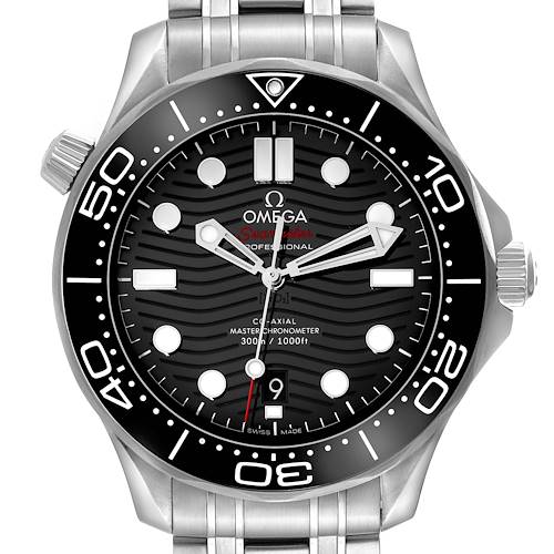 This image showcases the front angle of an Omega Seamaster watch, highlighting the dial, bezel, and part of the bracelet.