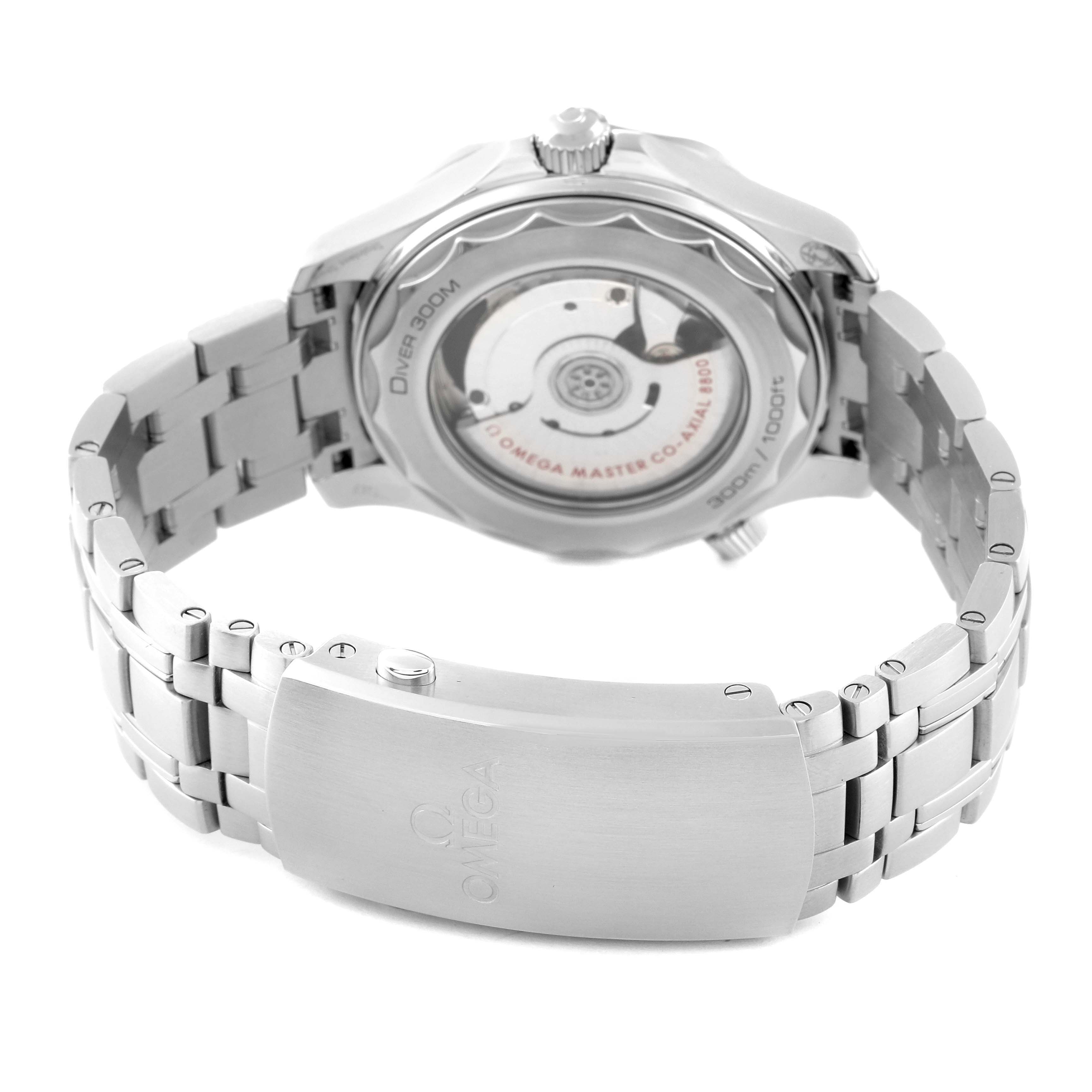 The image shows the back of the Omega Seamaster 210.30.42.20.01.001 Men
s Stainless Steel Black Dial 210.30.42.20.01.001 Men
s Stainless Steel Black Dial watch and its metal bracelet clasp.