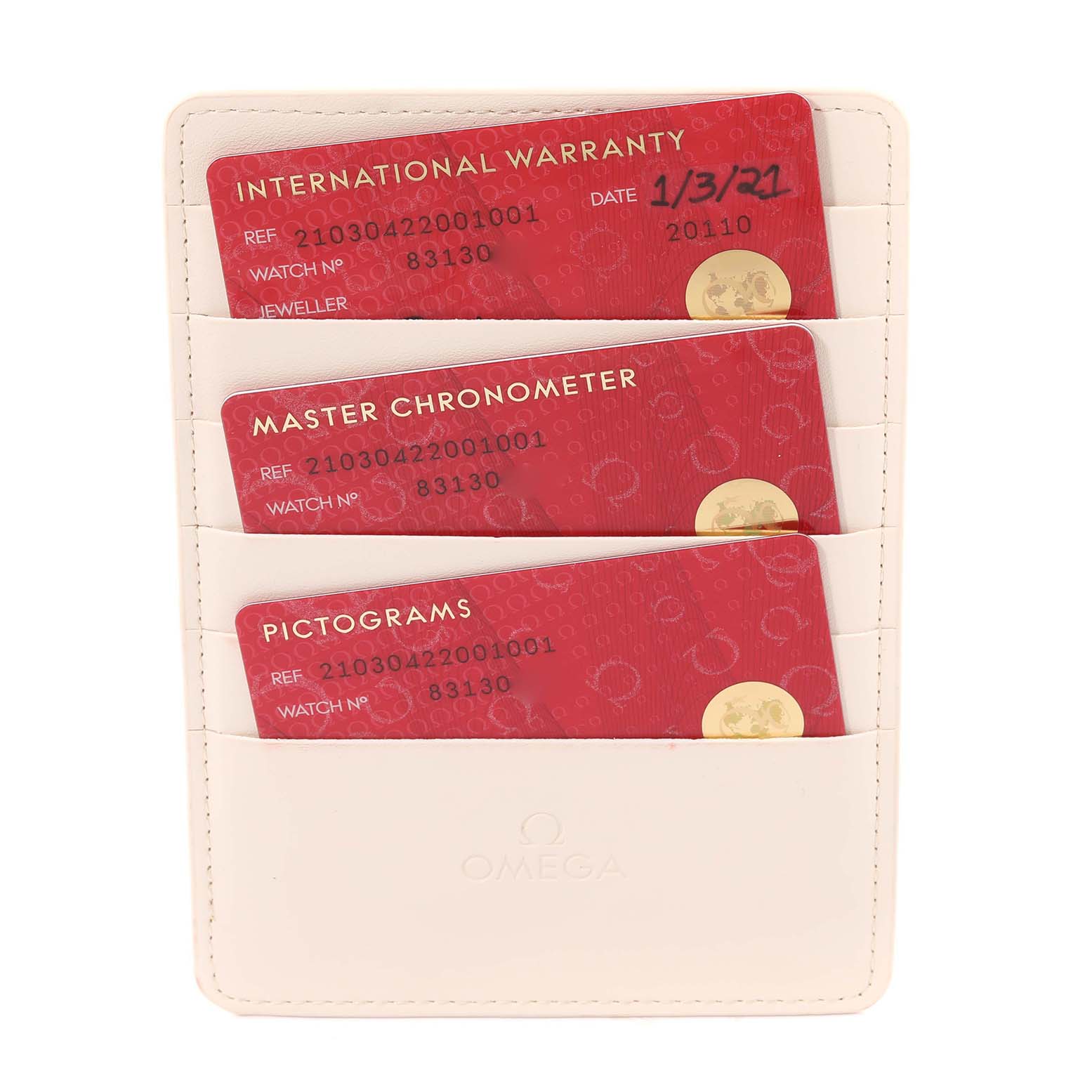 The image shows three Omega Seamaster 210.30.42.20.01.001 Men
s Stainless Steel Black Dial 210.30.42.20.01.001 Men
s Stainless Steel Black Dial warranty cards in a white cardholder.