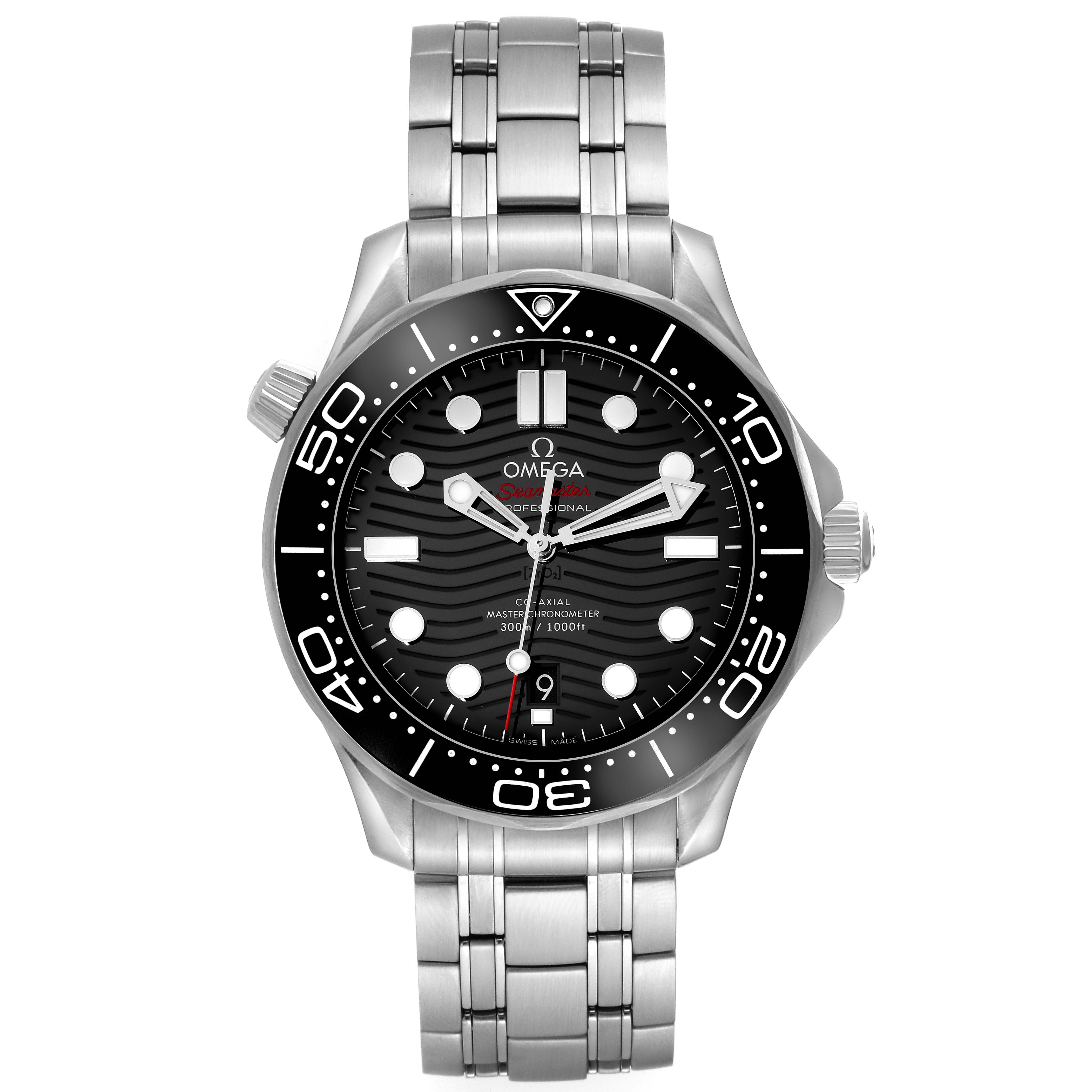 The Omega Seamaster 210.30.42.20.01.001 Men
s Stainless Steel Black Dial 210.30.42.20.01.001 Men
s Stainless Steel Black Dial watch is shown from a top-down angle, displaying the face, bezel, crown, and stainless steel bracelet.