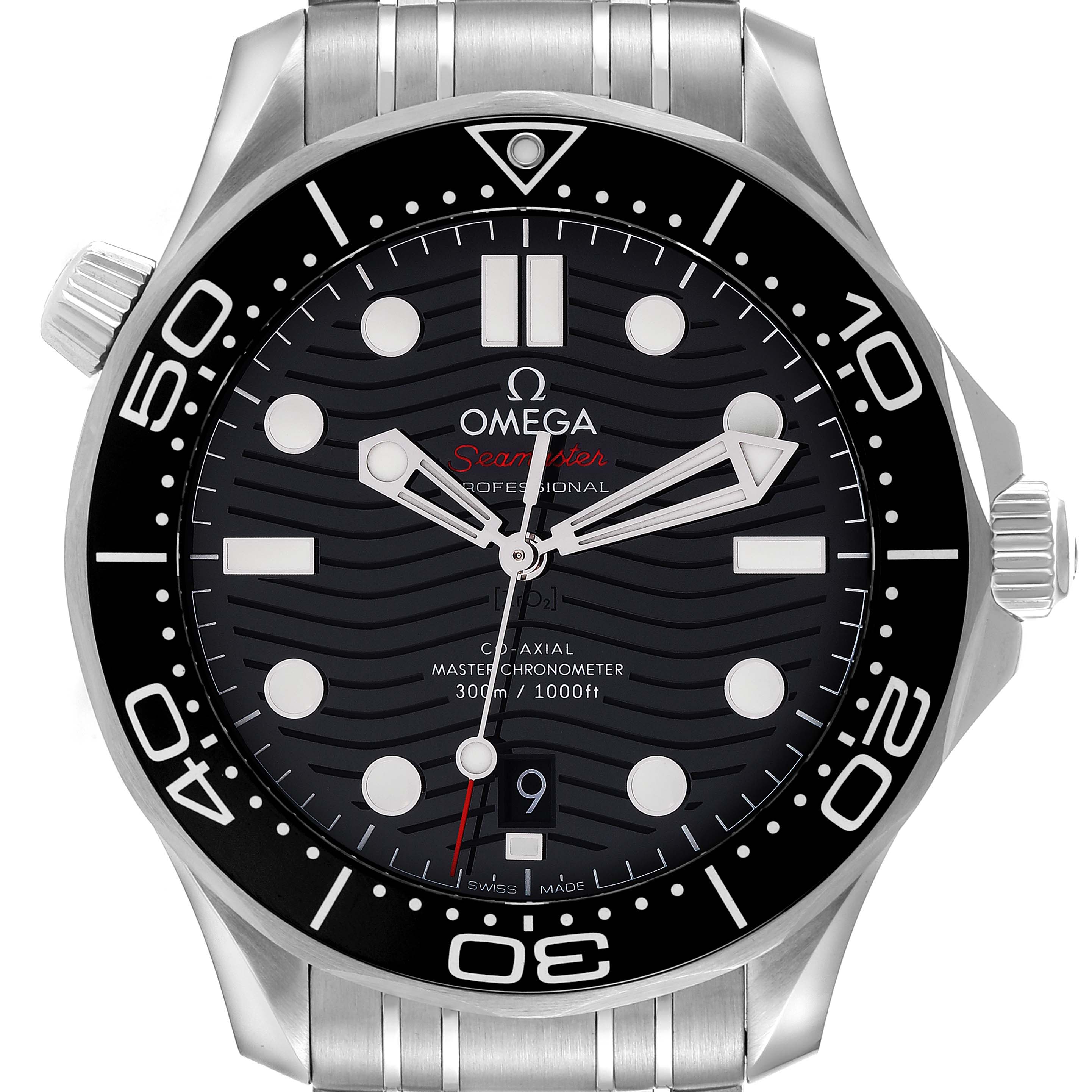 The image shows a front view of the Omega Seamaster 210.30.42.20.01.001 Men's Stainless Steel Black Dial 210.30.42.20.01.001 Men's Stainless Steel Black Dial watch, displaying the dial, bezel, and part of the bracelet.