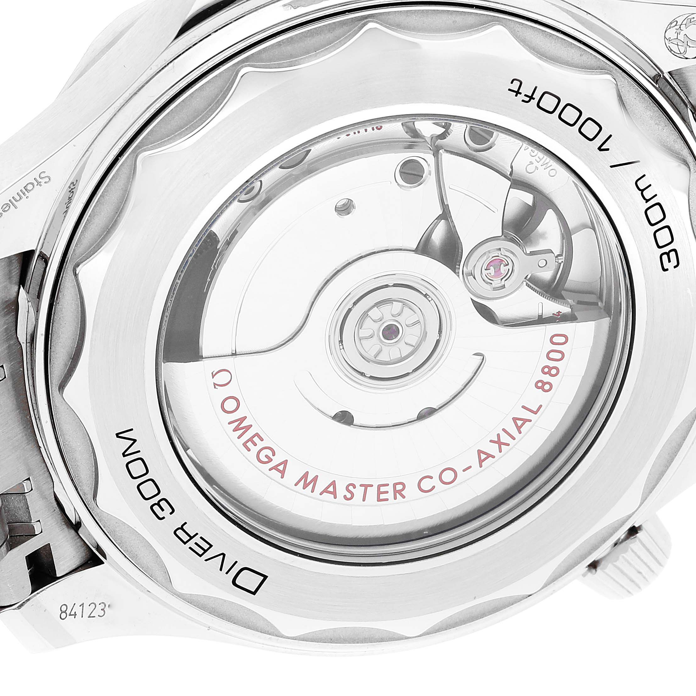 The image shows the case back of an Omega Seamaster 210.30.42.20.01.001 Men's Stainless Steel Black Dial 210.30.42.20.01.001 Men's Stainless Steel Black Dial, revealing the movement and intricate details inside.