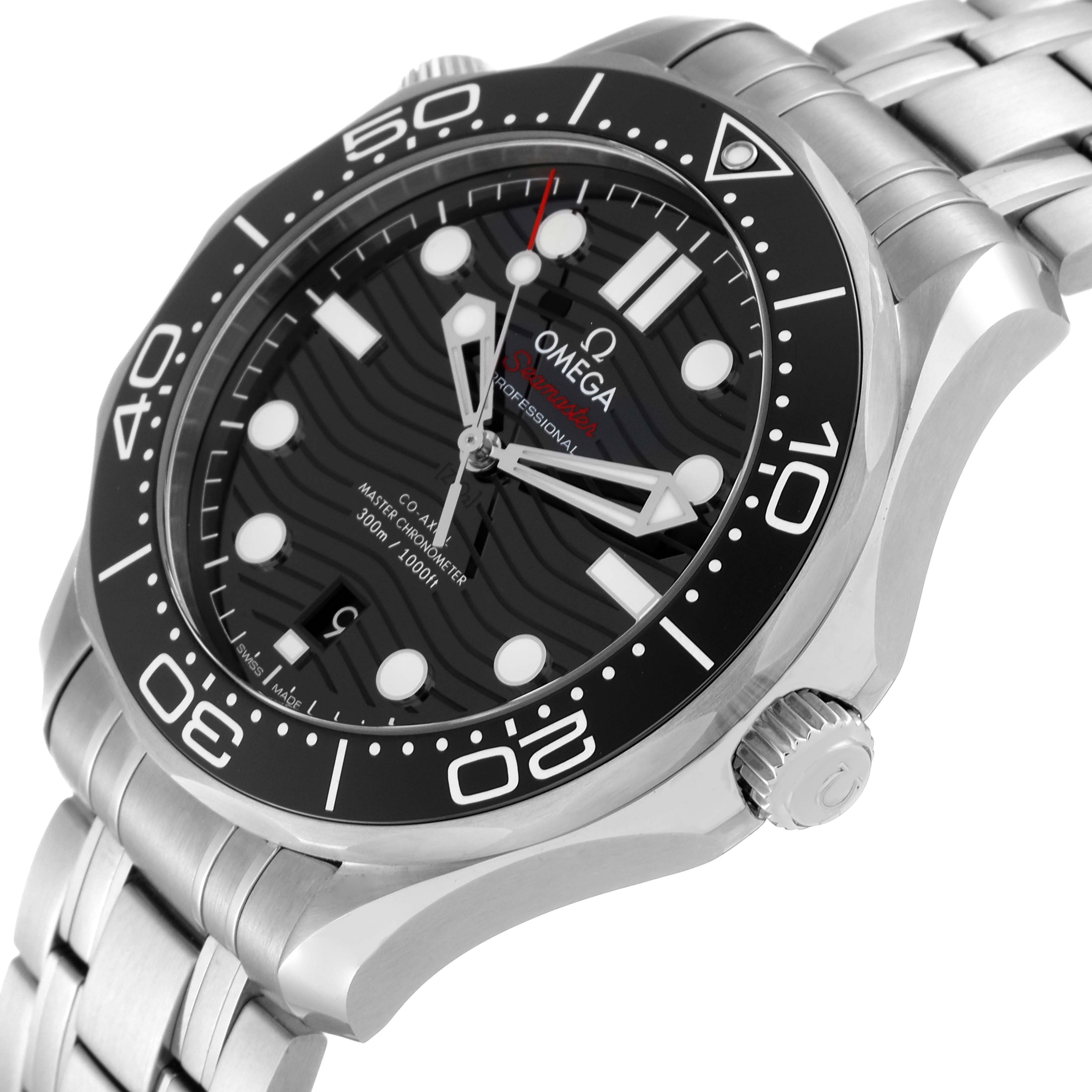 The Omega Seamaster 210.30.42.20.01.001 Men's Stainless Steel Black Dial 210.30.42.20.01.001 Men's Stainless Steel Black Dial watch is shown from an angle highlighting its face, bezel, crown, and part of the bracelet.