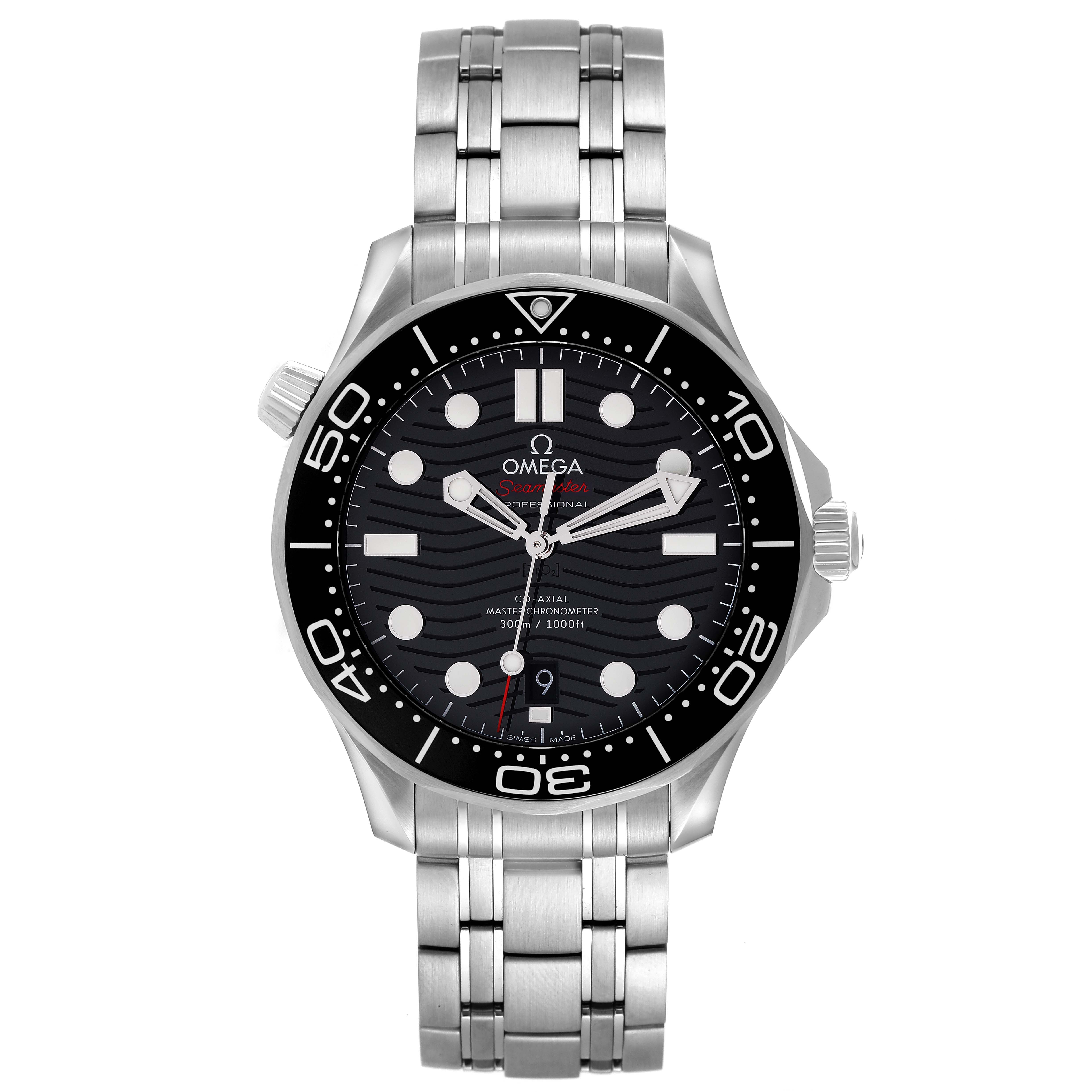 The Omega Seamaster 210.30.42.20.01.001 Men's Stainless Steel Black Dial 210.30.42.20.01.001 Men's Stainless Steel Black Dial watch is shown from a front angle, displaying its face, bezel, and metal bracelet.