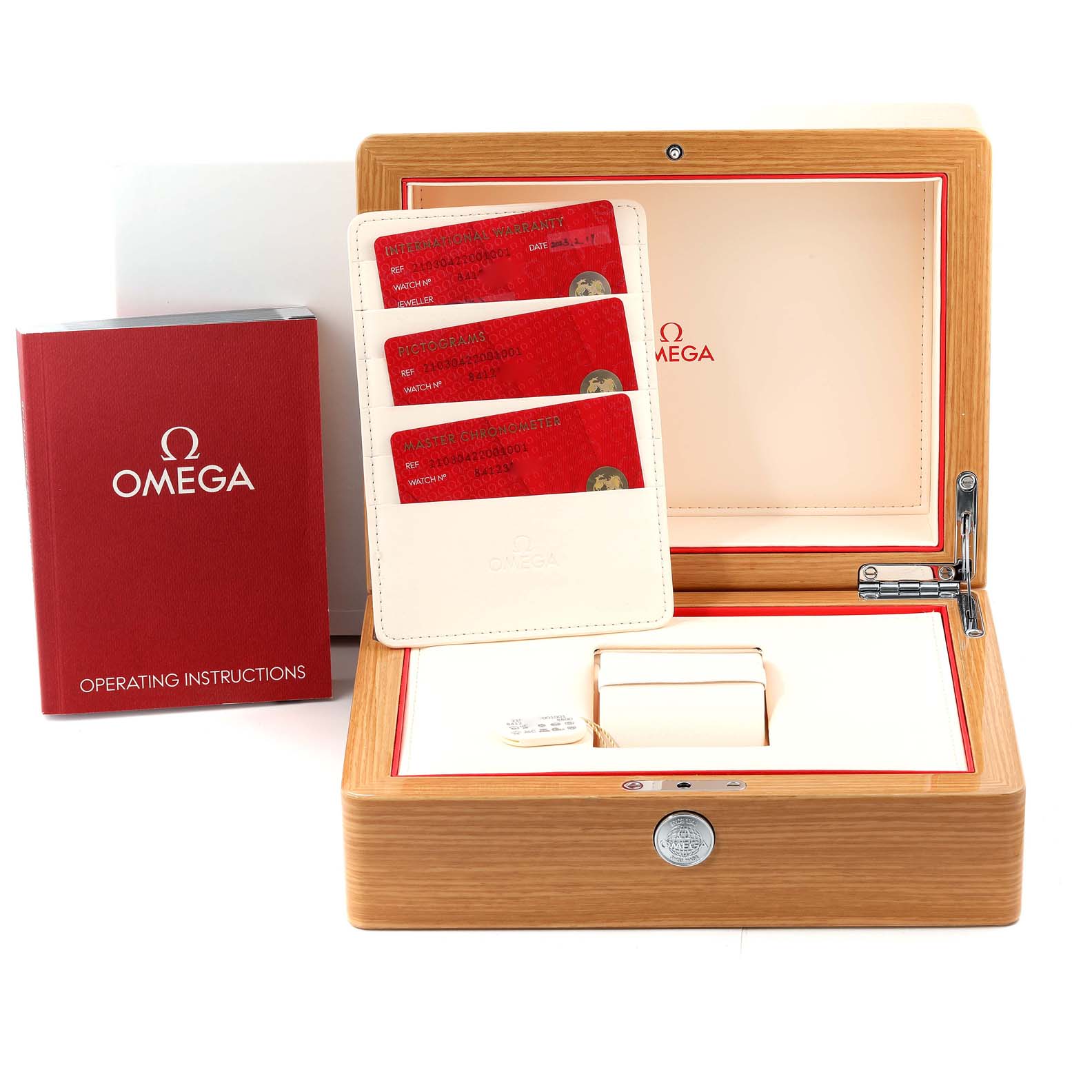 The image shows the presentation box, operating instructions, and warranty cards for the Omega Seamaster 210.30.42.20.01.001 Men's Stainless Steel Black Dial 210.30.42.20.01.001 Men's Stainless Steel Black Dial model.