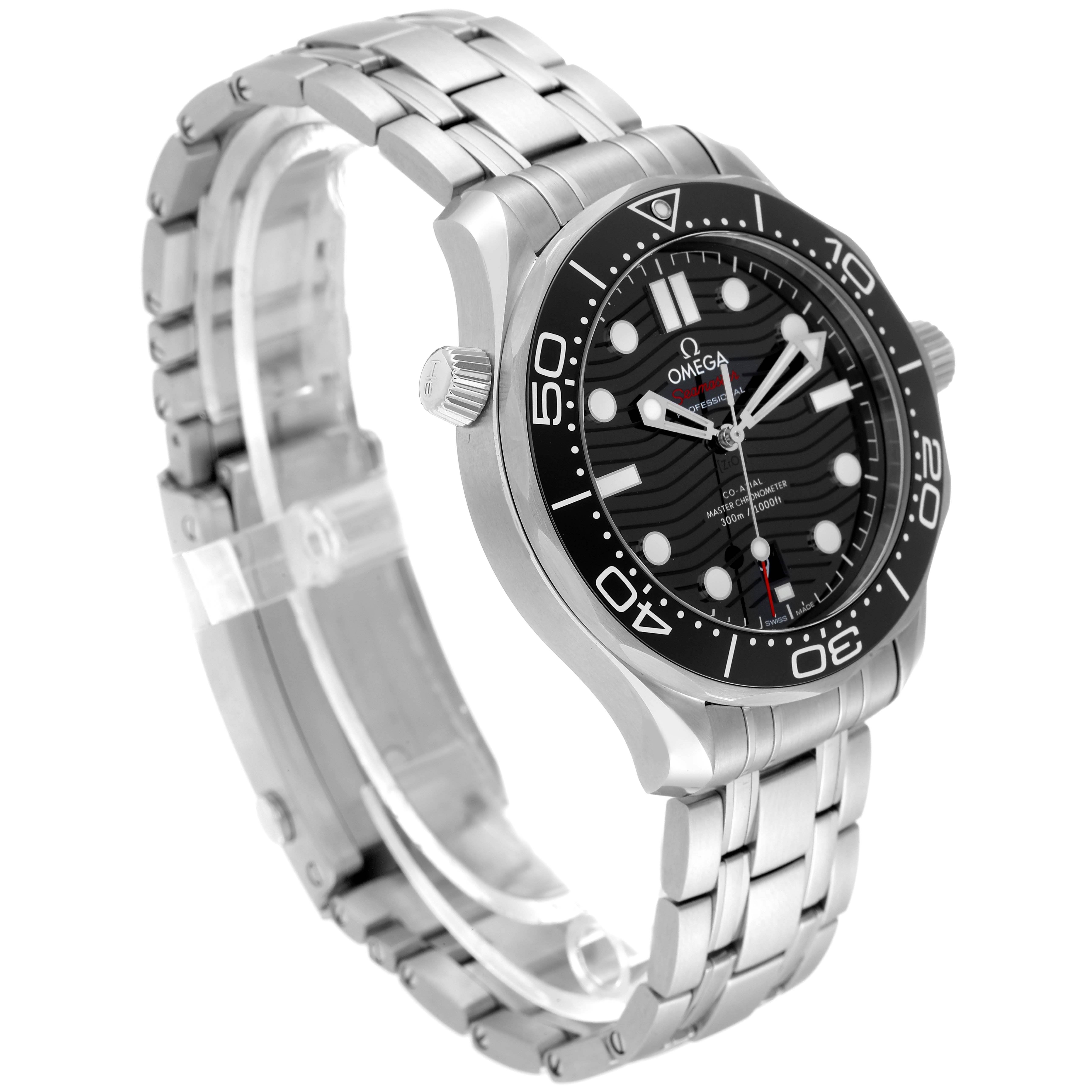 This Omega Seamaster 210.30.42.20.01.001 Men's Stainless Steel Black Dial 210.30.42.20.01.001 Men's Stainless Steel Black Dial watch is shown at a three-quarter angle, highlighting its face, bezel, and bracelet.