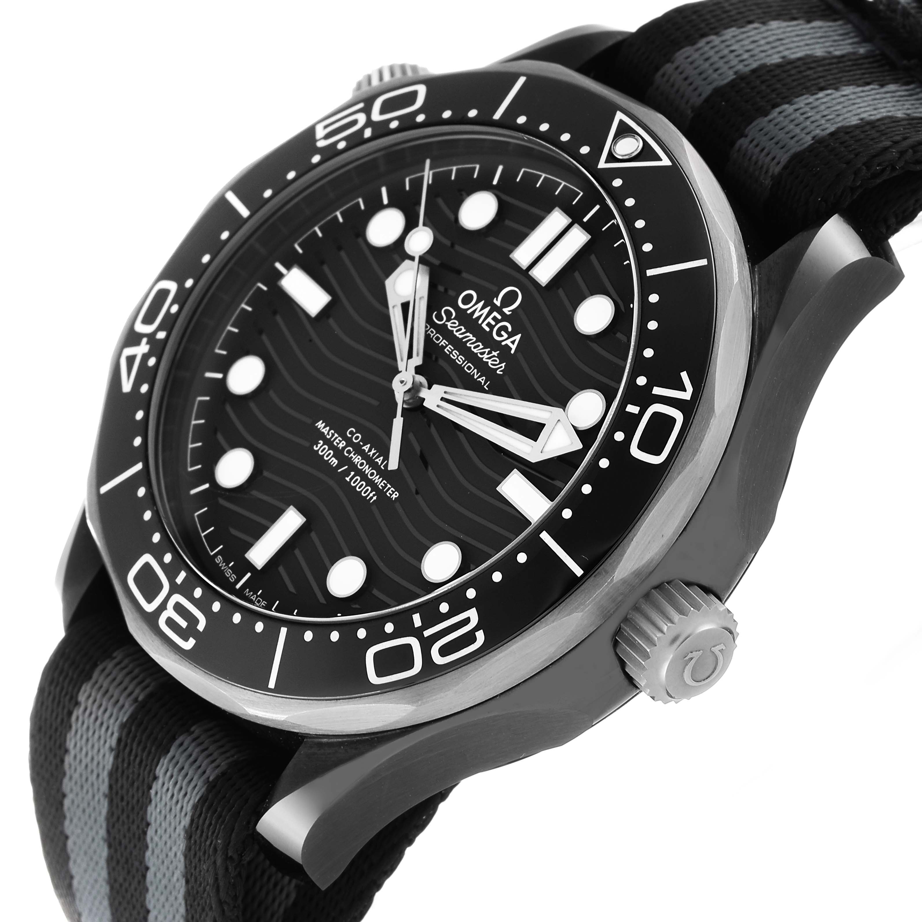 The image shows an Omega Seamaster 210.92.44.20.01.002 Men's Ceramic Black Dial 210.92.44.20.01.002 Men's Ceramic Black Dial watch at a side angle highlighting the bezel, dial, hands, and strap.