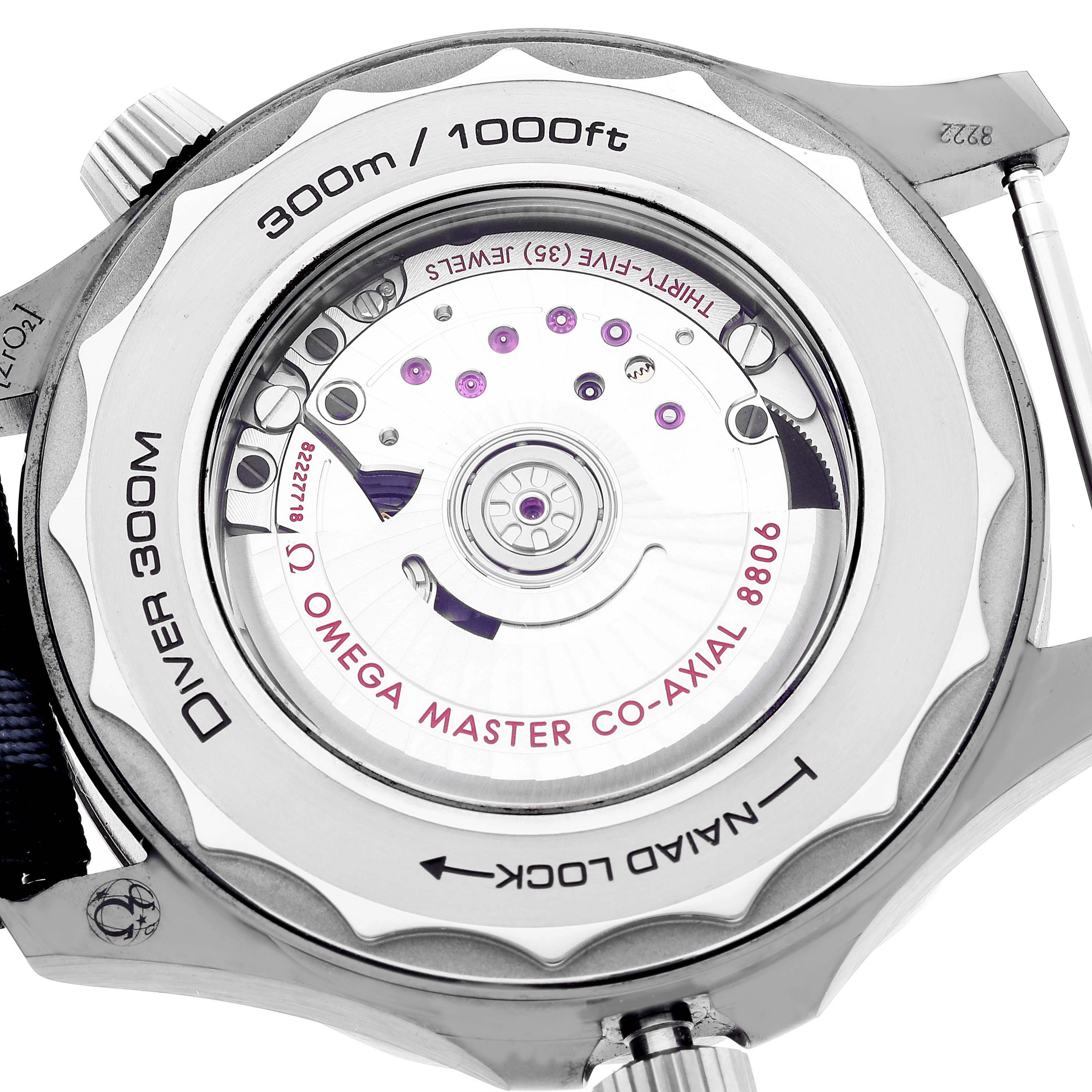 The image shows the back of the Omega Seamaster 210.92.44.20.01.002 Men's Ceramic Black Dial 210.92.44.20.01.002 Men's Ceramic Black Dial, highlighting the movement mechanism and water resistance engraving.