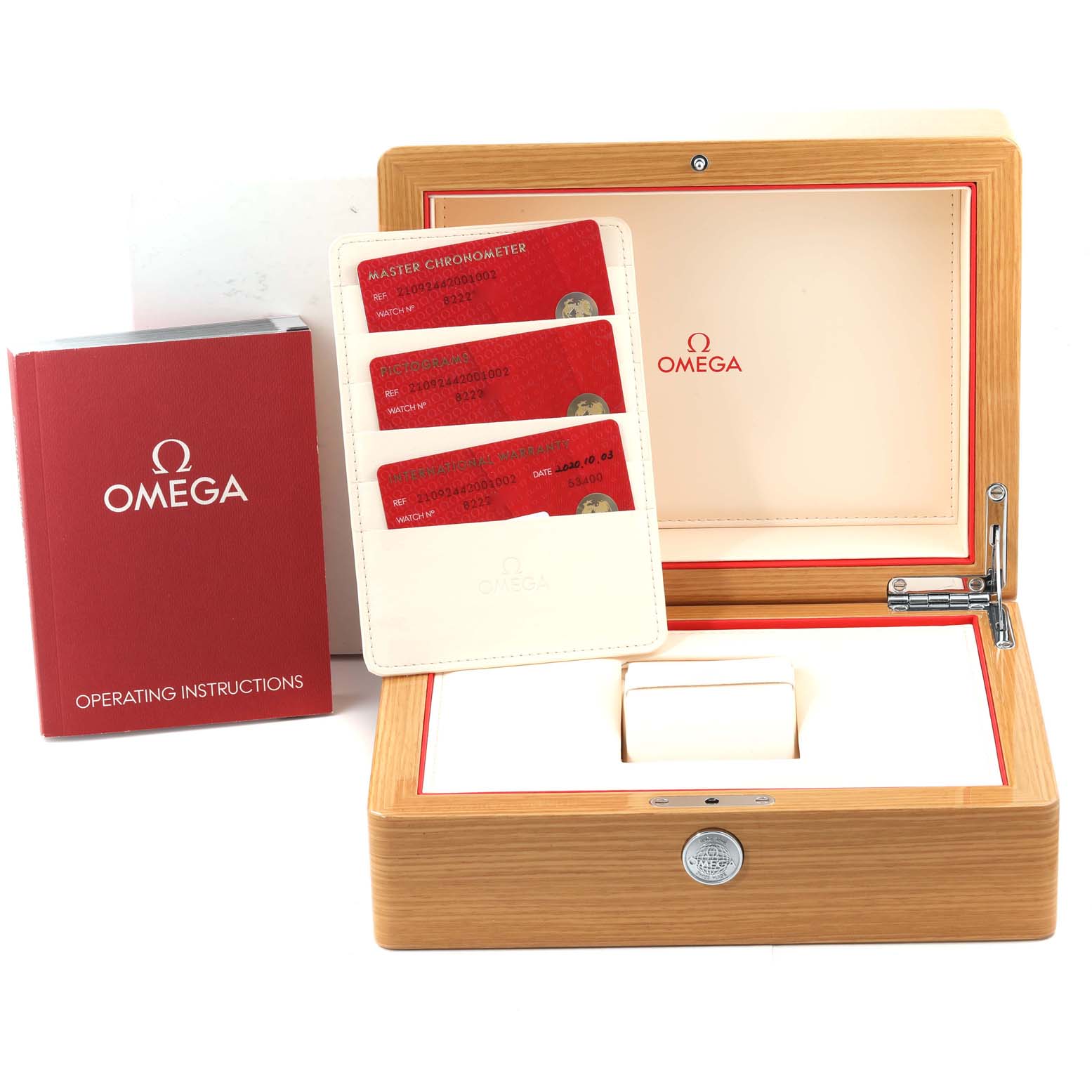 The image shows an Omega Seamaster 210.92.44.20.01.002 Men's Ceramic Black Dial 210.92.44.20.01.002 Men's Ceramic Black Dial wooden watch box, warranty cards, and an operating instructions booklet.