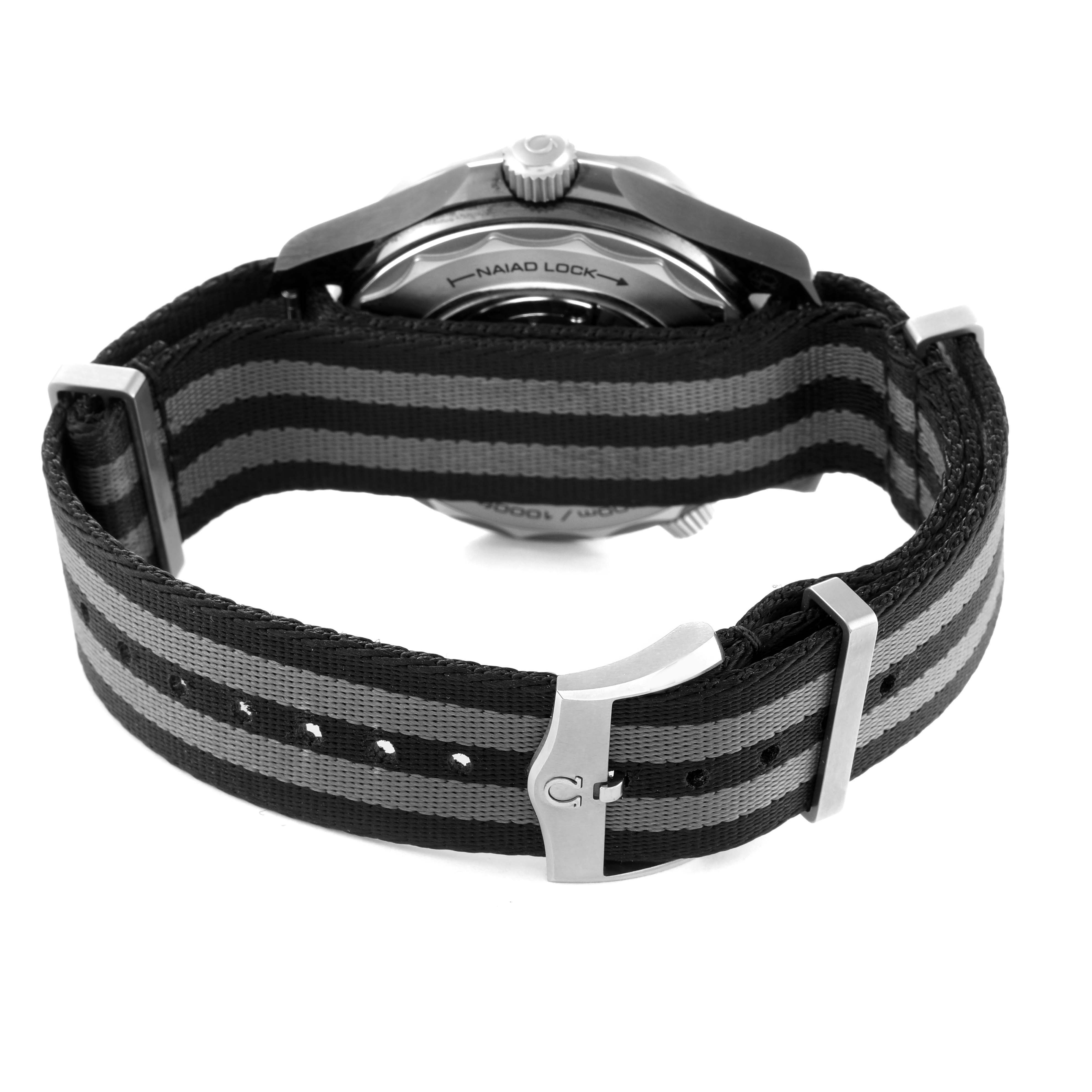 This image shows the back of an Omega Seamaster 210.92.44.20.01.002 Men's Ceramic Black Dial 210.92.44.20.01.002 Men's Ceramic Black Dial watch with a striped NATO strap and visible Naiad Lock mechanism.