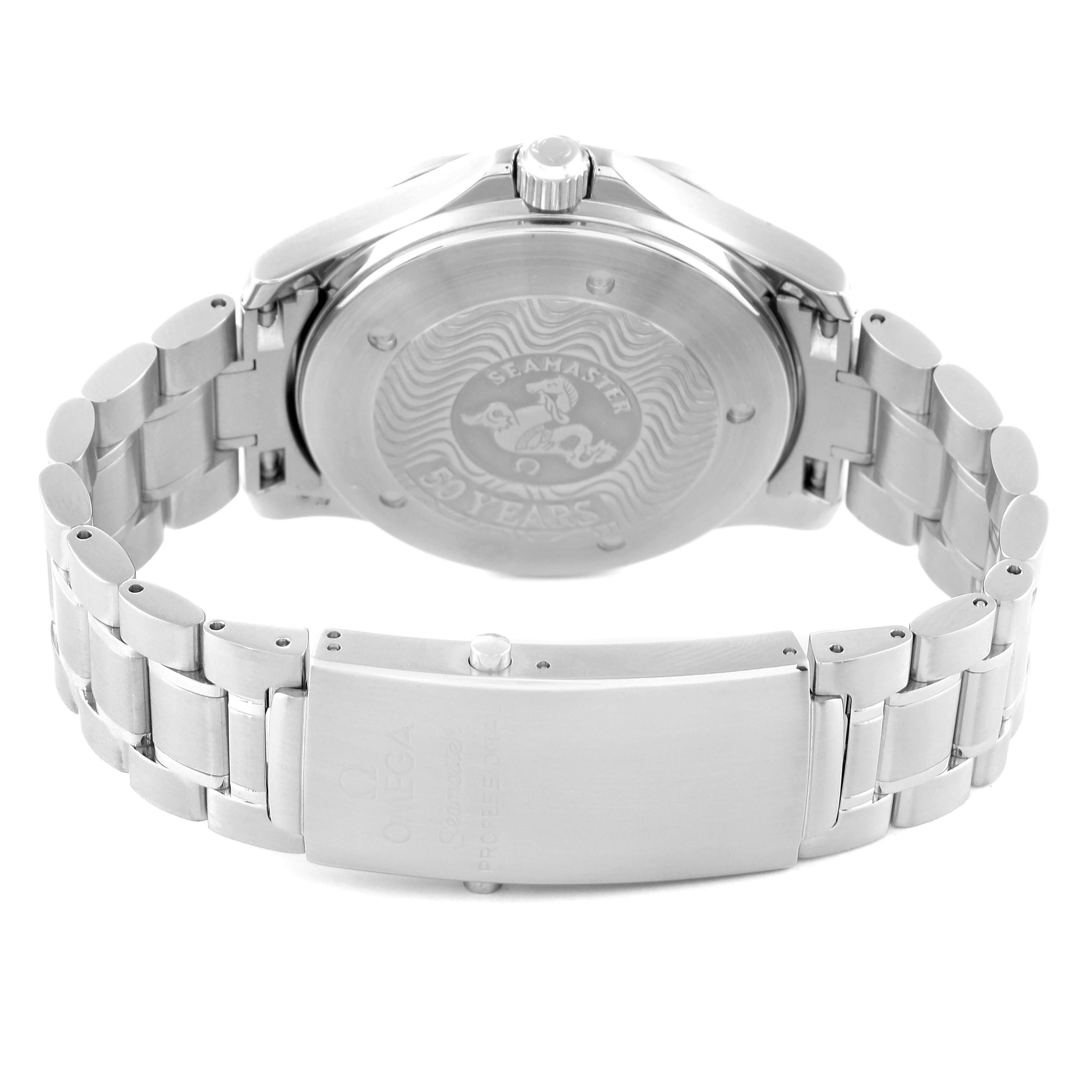 The image shows the back view of the Omega Seamaster 2234.50.00 Men's Stainless Steel Black Dial 2234.50.00 Men's Stainless Steel Black Dial watch, focusing on the caseback and bracelet with the clasp.
