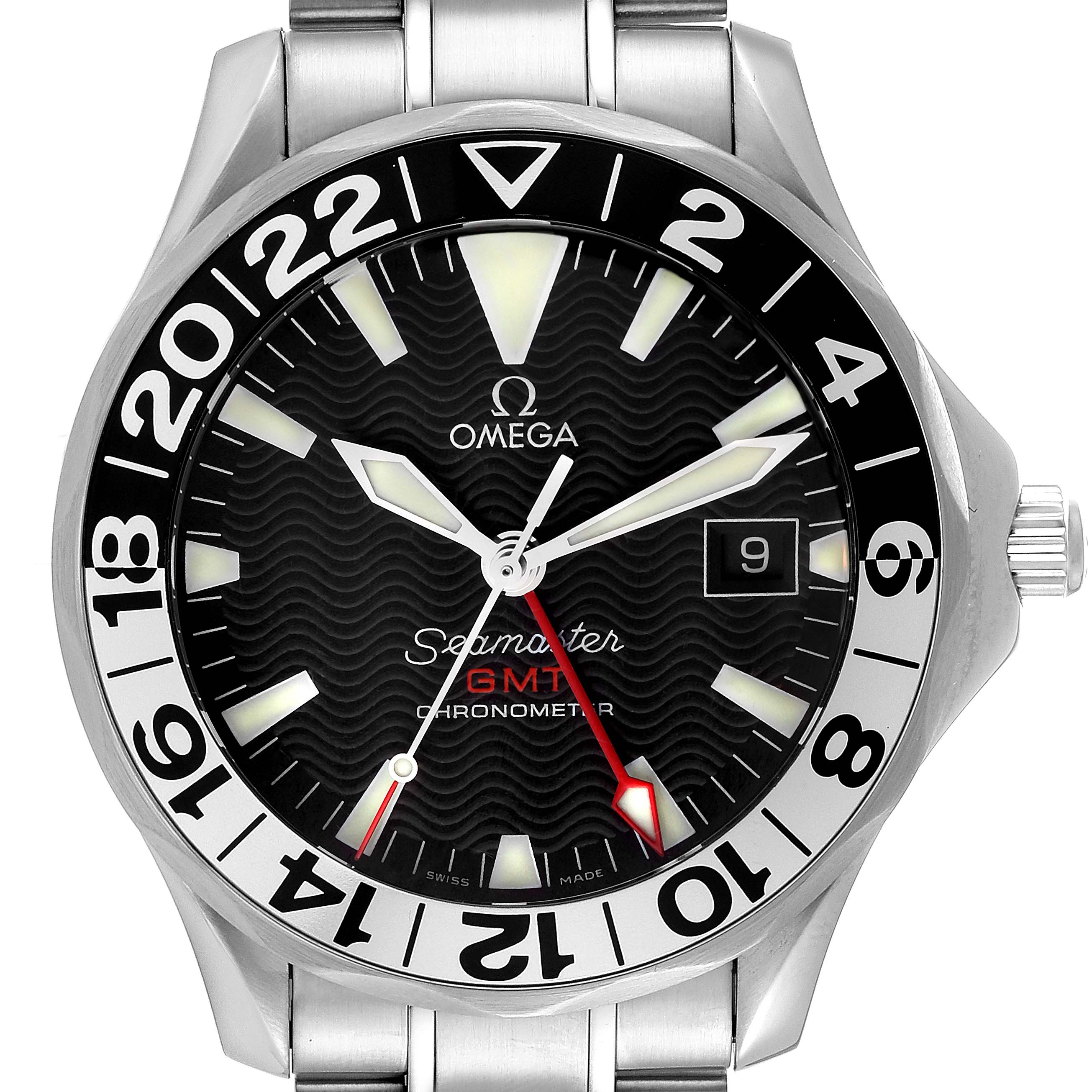 The image shows a front view of the Omega Seamaster 2234.50.00 Men's Stainless Steel Black Dial 2234.50.00 Men's Stainless Steel Black Dial GMT watch, displaying its black dial, hour markers, and date window.