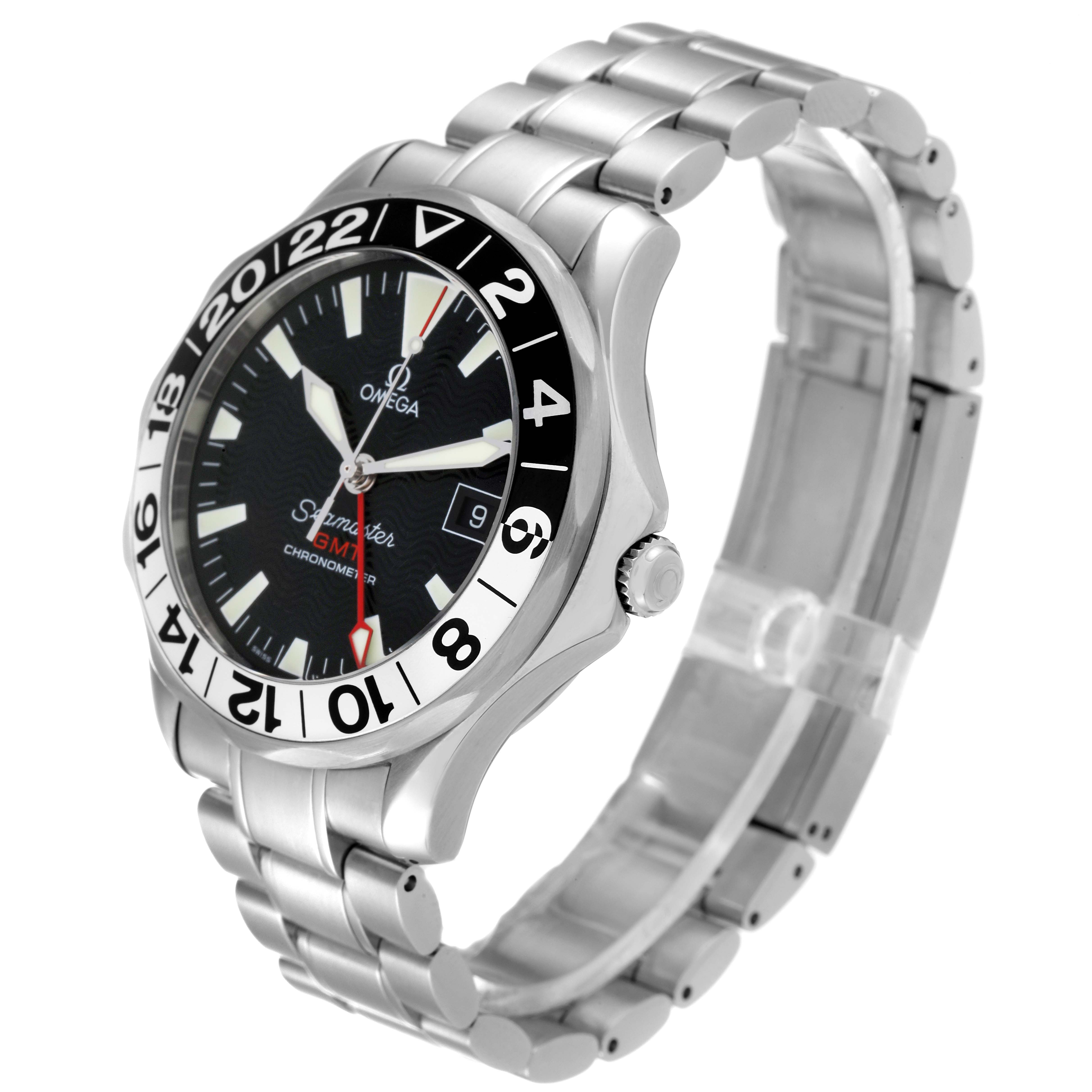The image shows an Omega Seamaster 2234.50.00 Men's Stainless Steel Black Dial 2234.50.00 Men's Stainless Steel Black Dial watch at a three-quarter angle, highlighting its face, bezel, crown, and bracelet.
