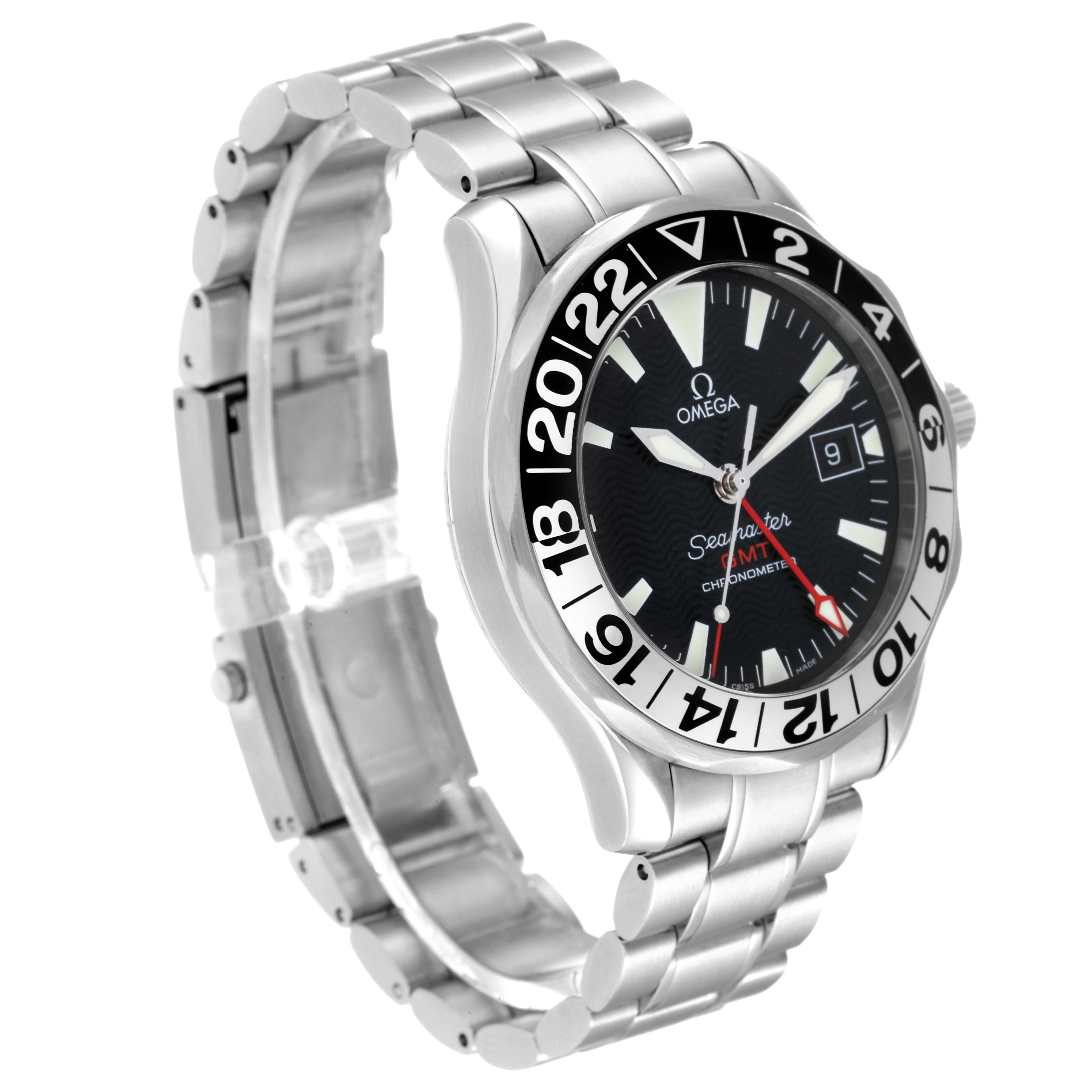 This image shows the Omega Seamaster 2234.50.00 Men's Stainless Steel Black Dial 2234.50.00 Men's Stainless Steel Black Dial watch at a three-quarter angle, highlighting the bezel, dial, and bracelet.