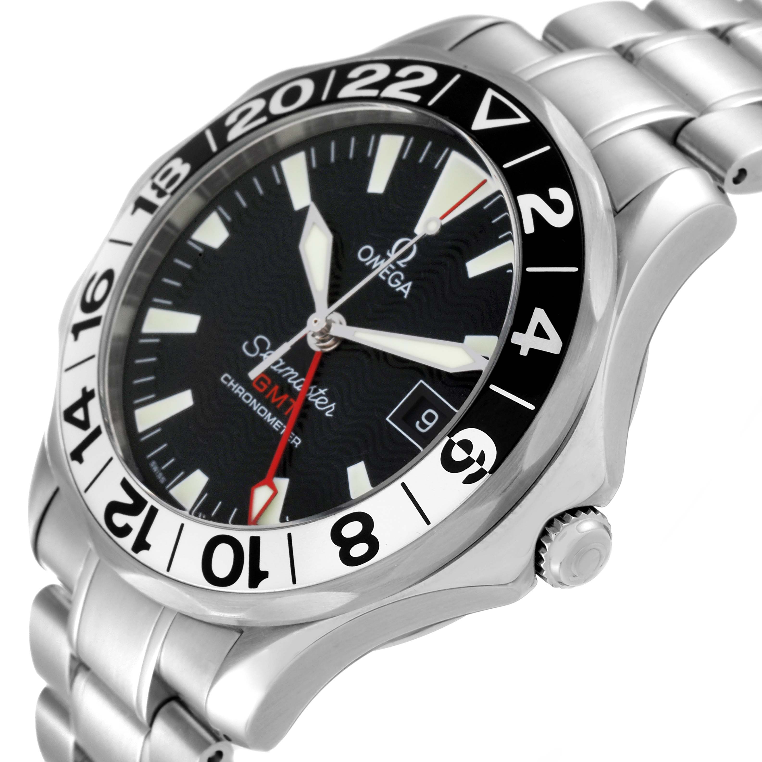 The image shows a close-up angled view of an Omega Seamaster 2234.50.00 Men's Stainless Steel Black Dial 2234.50.00 Men's Stainless Steel Black Dial watch, highlighting its bezel, dial, crown, and part of the bracelet.