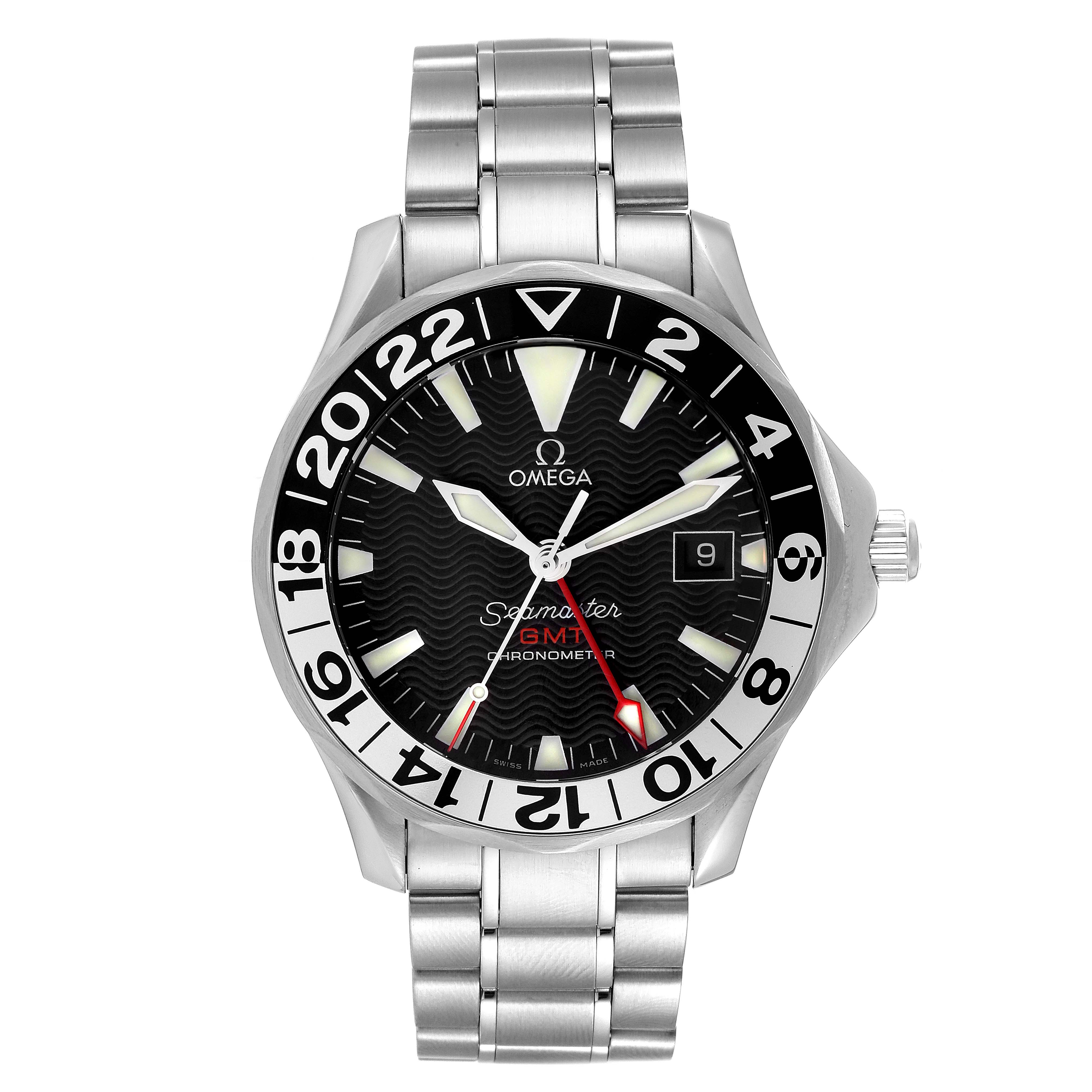 The image shows a frontal view of an Omega Seamaster 2234.50.00 Men's Stainless Steel Black Dial 2234.50.00 Men's Stainless Steel Black Dial watch, featuring the dial, bezel, hands, date indicator, and metal bracelet.