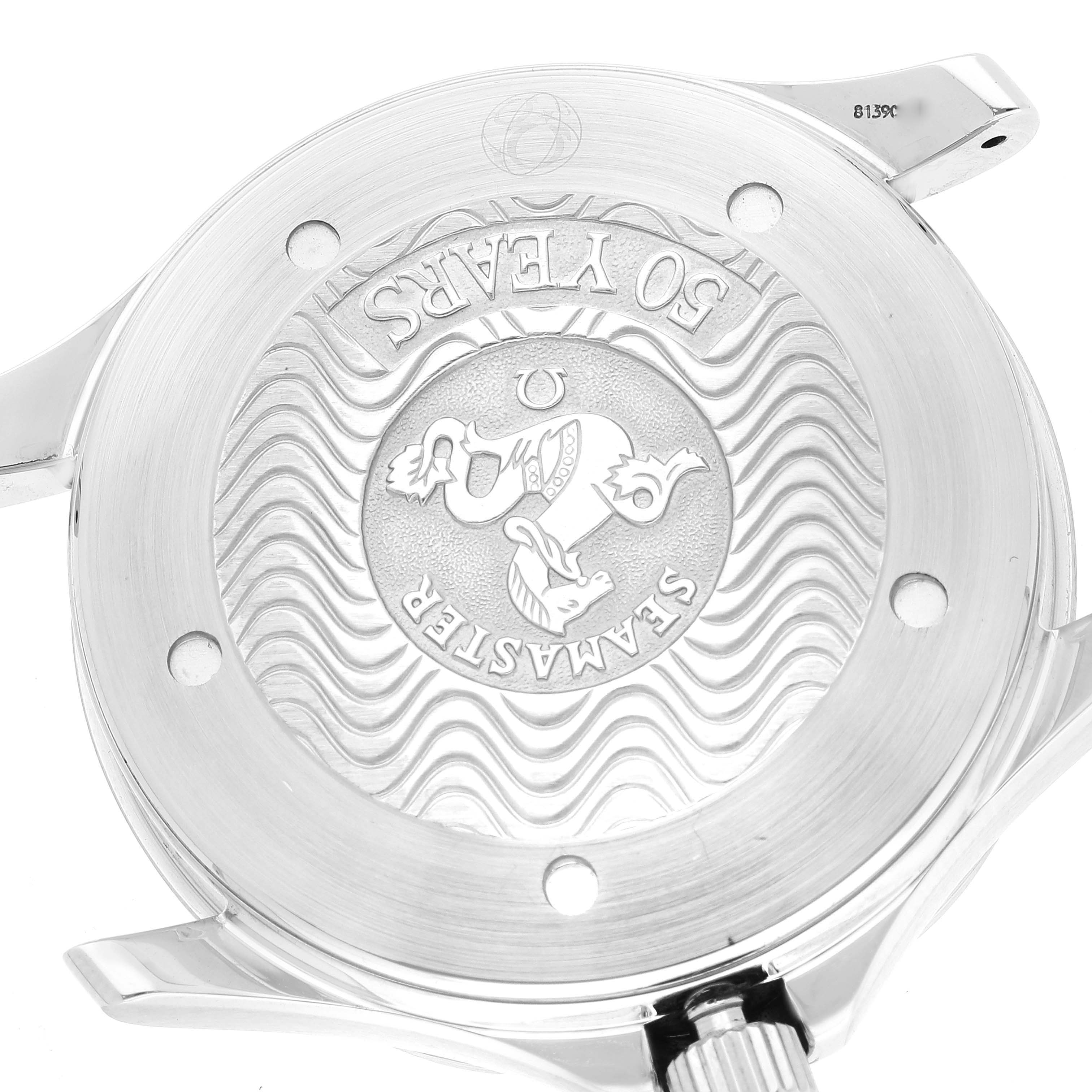 The image shows the case back of an Omega Seamaster 2234.50.00 Men's Stainless Steel Black Dial 2234.50.00 Men's Stainless Steel Black Dial watch, featuring the wavy pattern and "Seamaster 50 Years" engraving.