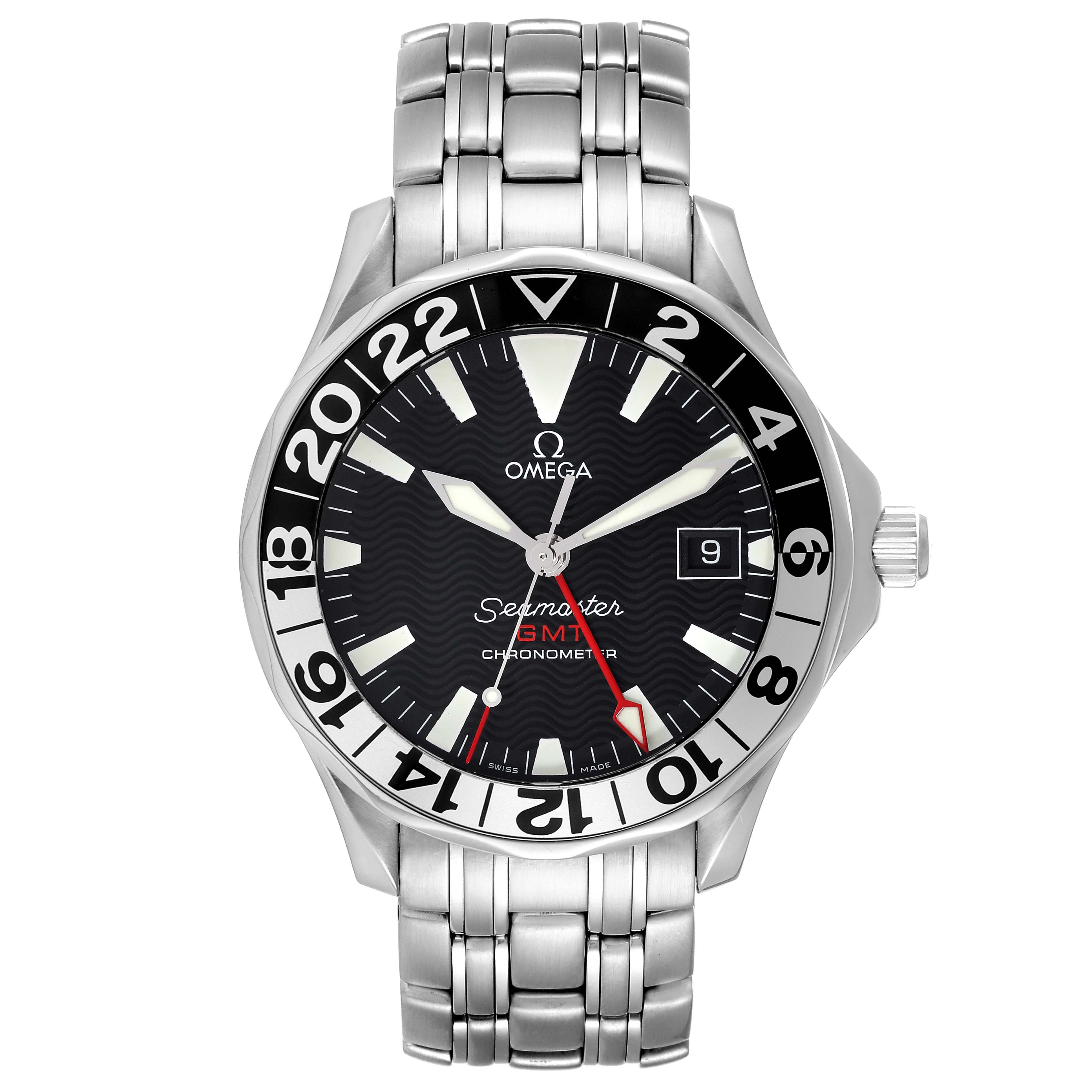 The image shows a front view of an Omega Seamaster 2534.50.00 Men's Stainless Steel Black Dial 2534.50.00 Men's Stainless Steel Black Dial GMT Chronometer watch with a metal bracelet and black dial.
