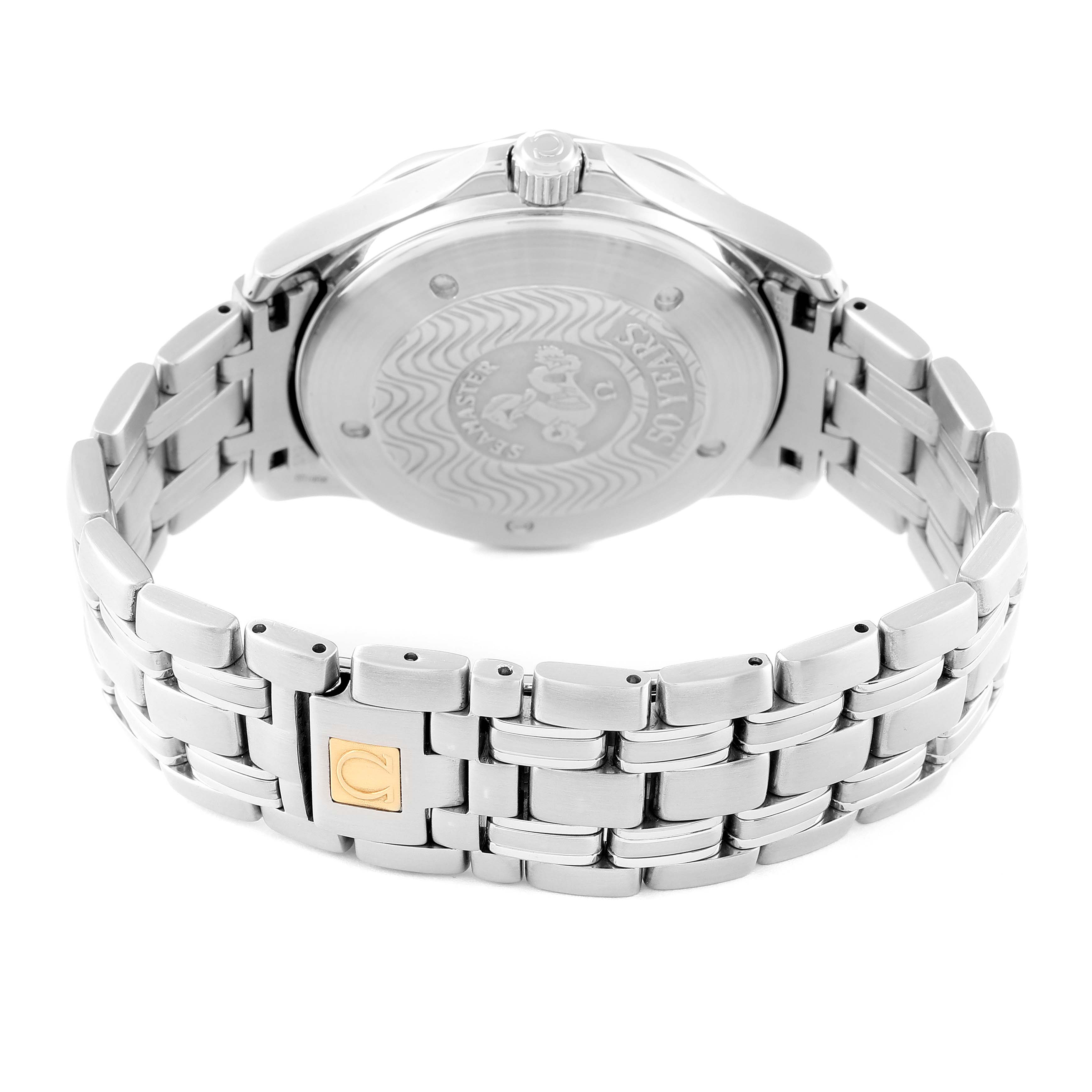 The image shows the back case and stainless steel bracelet of an Omega Seamaster 2534.50.00 Men's Stainless Steel Black Dial 2534.50.00 Men's Stainless Steel Black Dial watch, highlighting the clasp and caseback design.