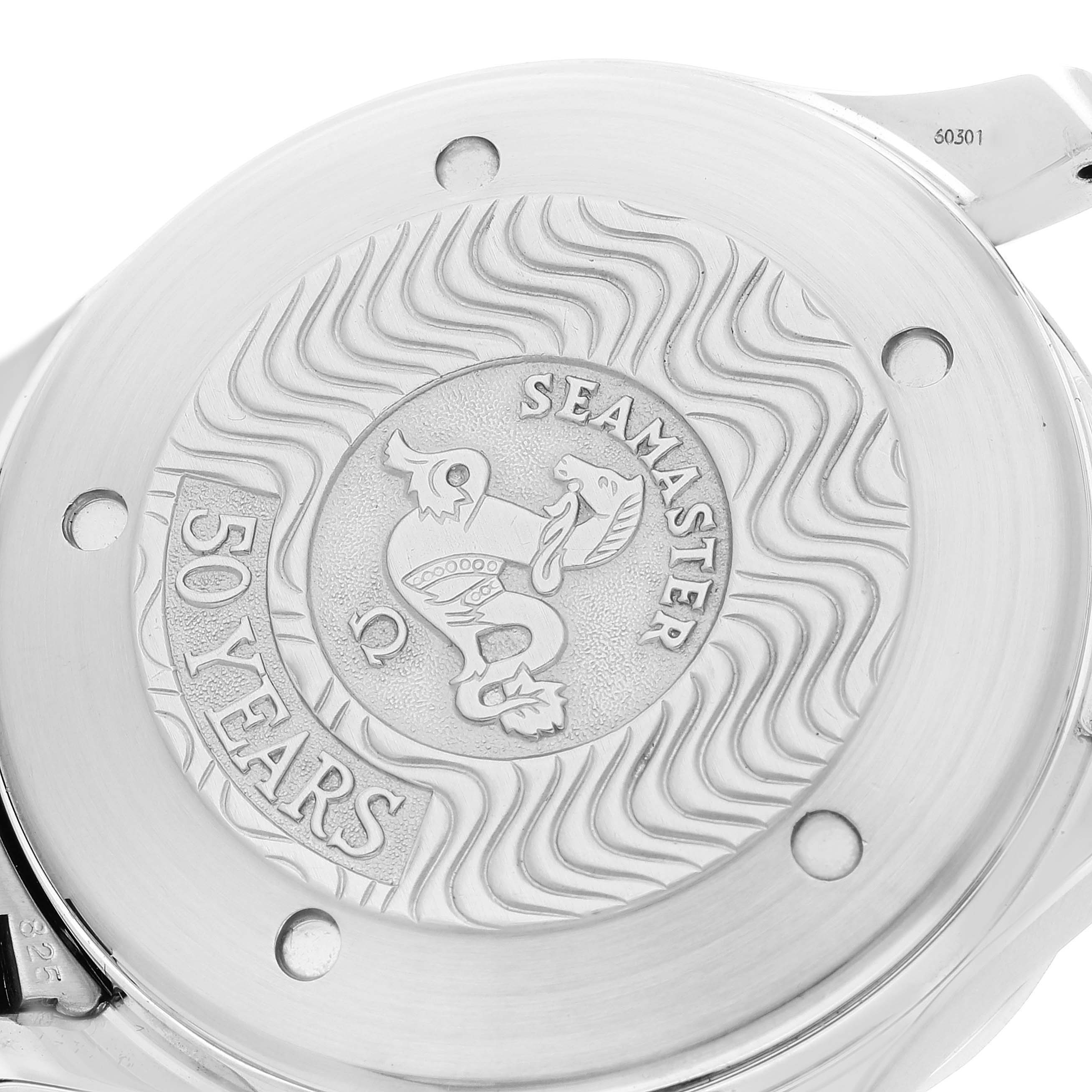 The image shows the case back of an Omega Seamaster 2534.50.00 Men's Stainless Steel Black Dial 2534.50.00 Men's Stainless Steel Black Dial watch, featuring an engraved design celebrating 50 years.