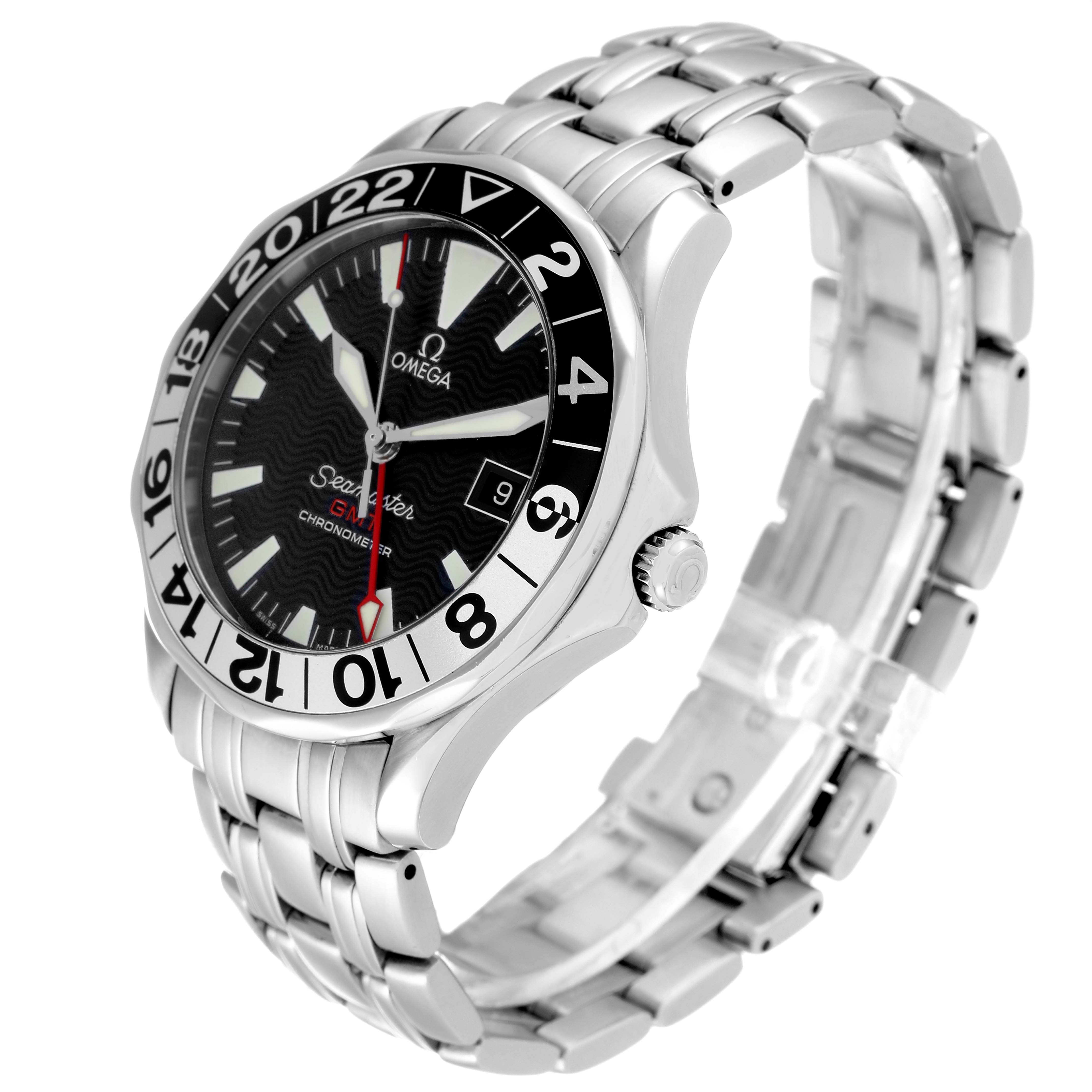 The Omega Seamaster 2534.50.00 Men's Stainless Steel Black Dial 2534.50.00 Men's Stainless Steel Black Dial watch is shown at an angle highlighting its face, bezel, crown, and stainless steel bracelet.