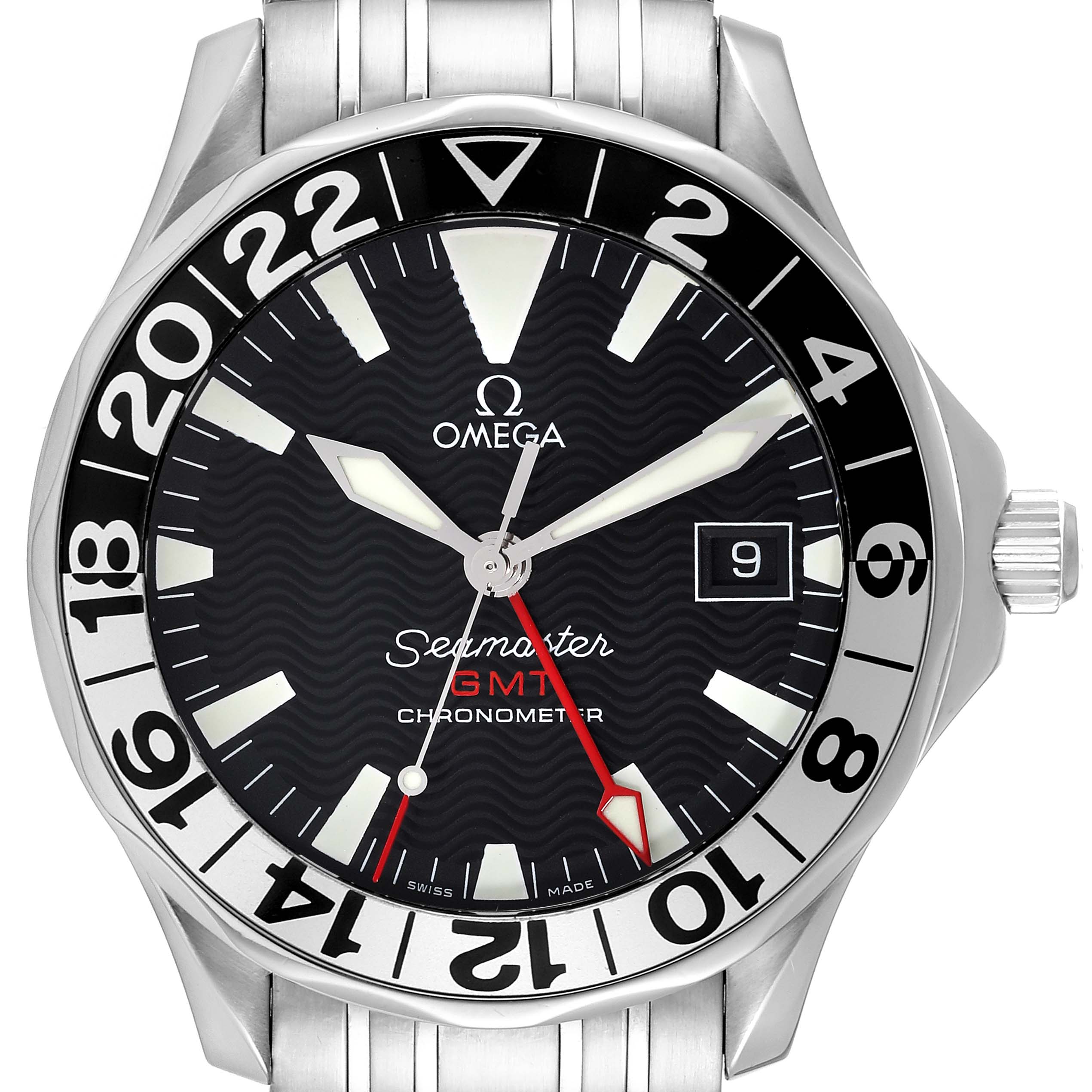 This image shows a front view of an Omega Seamaster 2534.50.00 Men's Stainless Steel Black Dial 2534.50.00 Men's Stainless Steel Black Dial watch, highlighting its dial, hands, bezel, date window, and part of the bracelet.