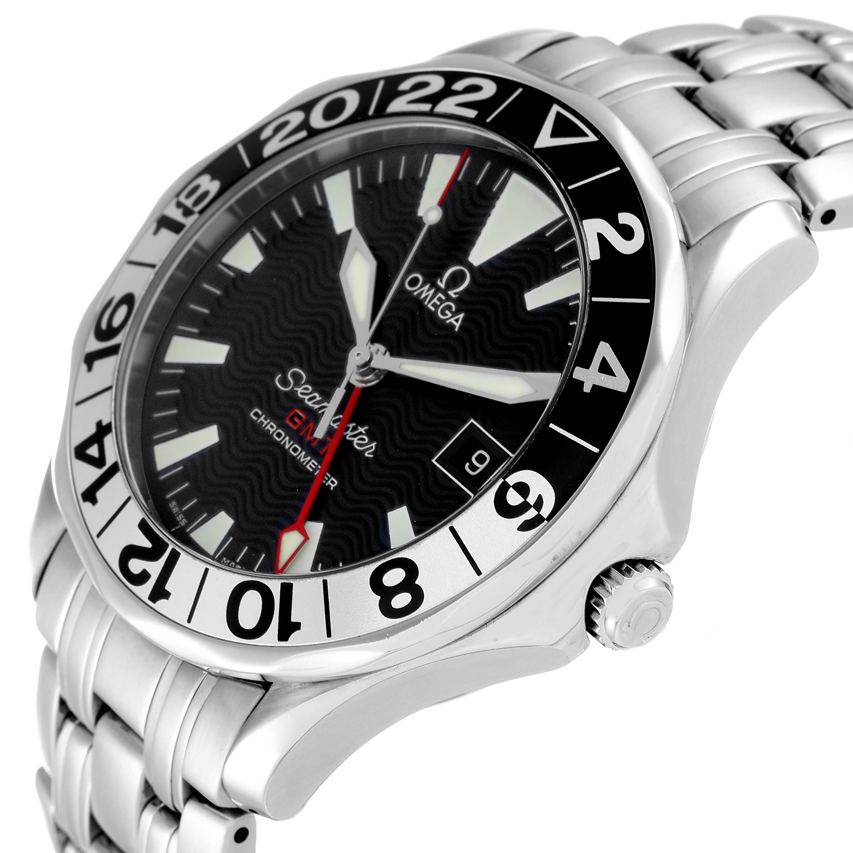 The image shows an angled view of the Omega Seamaster 2534.50.00 Men's Stainless Steel Black Dial 2534.50.00 Men's Stainless Steel Black Dial watch, highlighting its face, bezel, and stainless steel bracelet.
