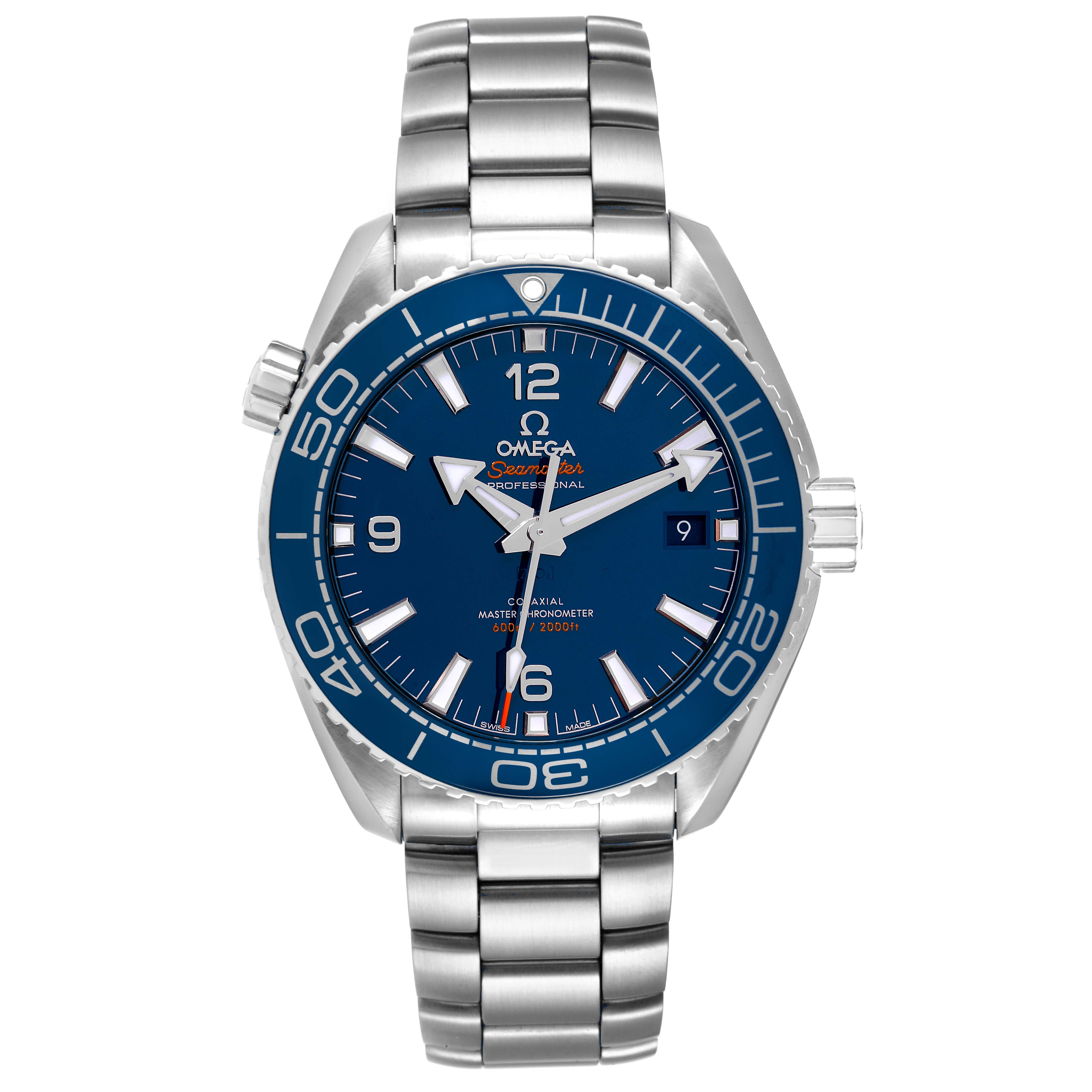 This image shows a front view of the Omega Planet Ocean 215.30.44.21.03.001 Men's Stainless Steel Blue Dial 215.30.44.21.03.001 Men's Stainless Steel Blue Dial watch, displaying its blue dial, bezel, silver bracelet, and crown.