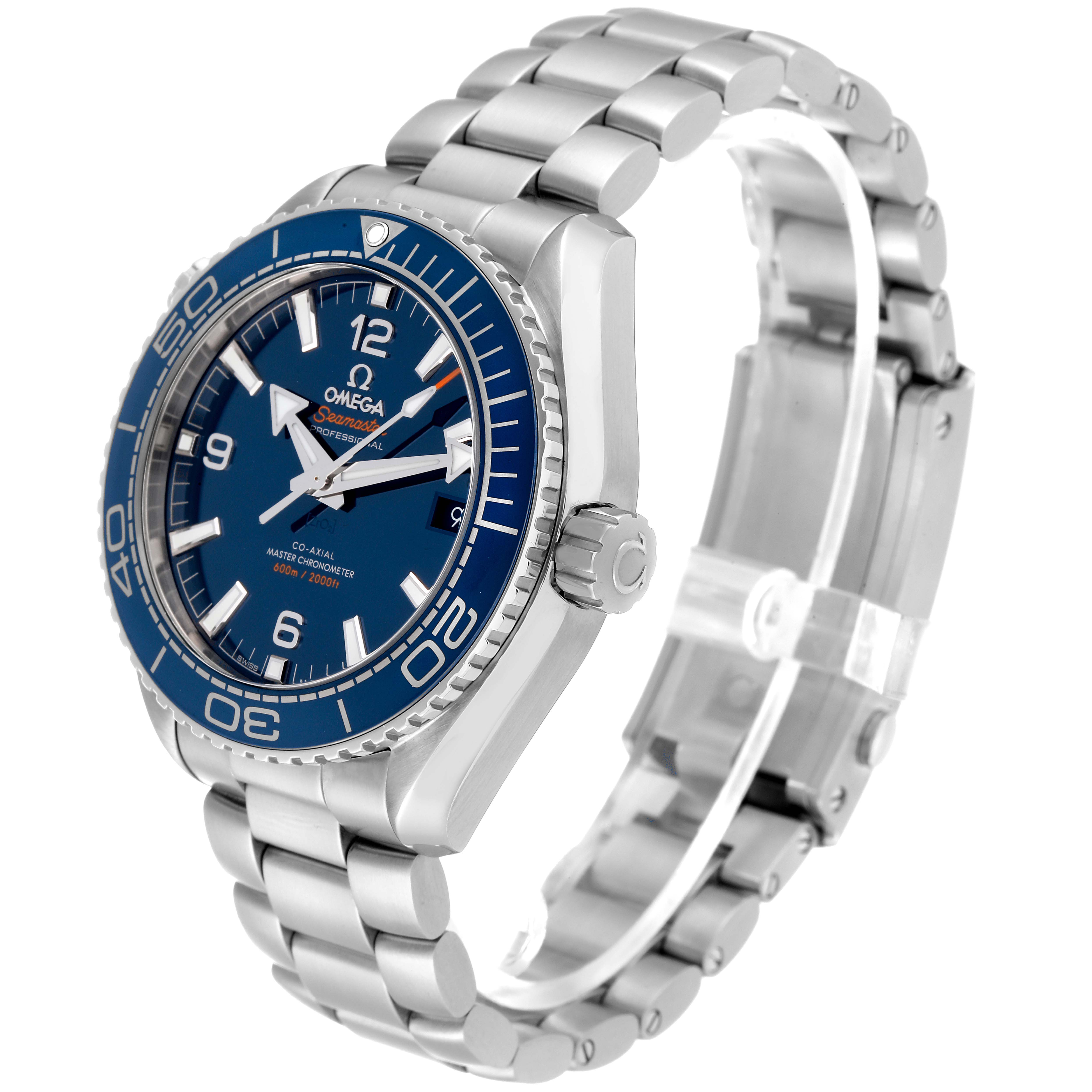 The image shows the Omega Planet Ocean 215.30.44.21.03.001 Men's Stainless Steel Blue Dial 215.30.44.21.03.001 Men's Stainless Steel Blue Dial watch at a three-quarter angle, highlighting its face, crown, and stainless steel bracelet.