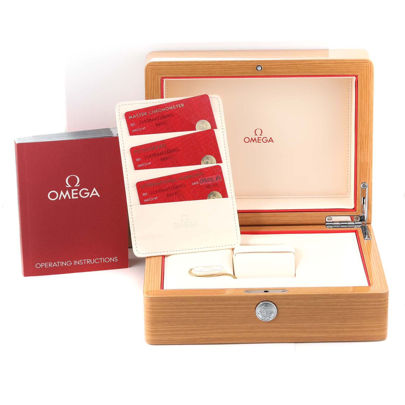The image shows the packaging, operating instructions, warranty cards, and the wooden box for the Omega Planet Ocean 215.30.44.21.03.001 Men's Stainless Steel Blue Dial 215.30.44.21.03.001 Men's Stainless Steel Blue Dial watch.