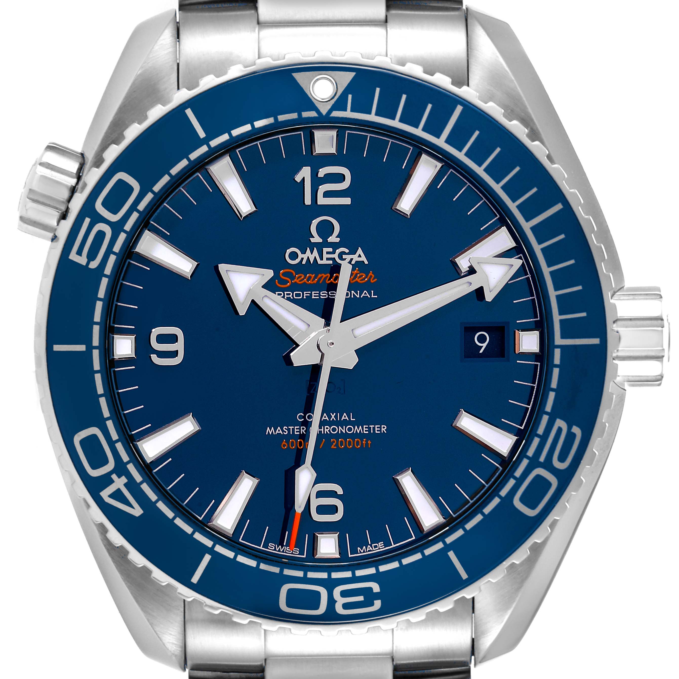 The image shows a frontal view of the Omega Planet Ocean 215.30.44.21.03.001 Men's Stainless Steel Blue Dial 215.30.44.21.03.001 Men's Stainless Steel Blue Dial model watch, displaying the face, bezel, and part of the bracelet.