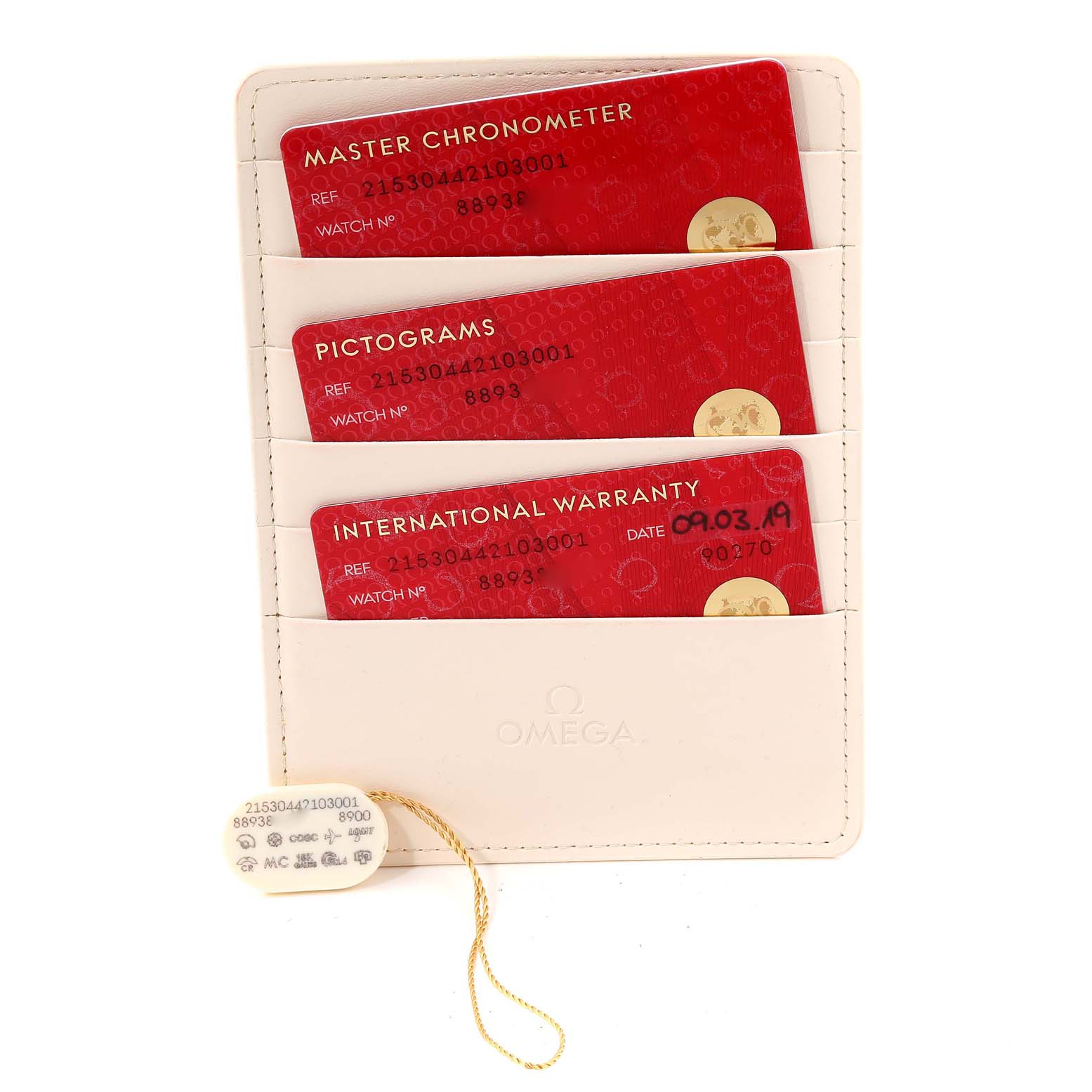 The image shows the certification cards and tags for the Omega Planet Ocean 215.30.44.21.03.001 Men's Stainless Steel Blue Dial 215.30.44.21.03.001 Men's Stainless Steel Blue Dial model, including Master Chronometer, Pictograms, and International Warranty cards.