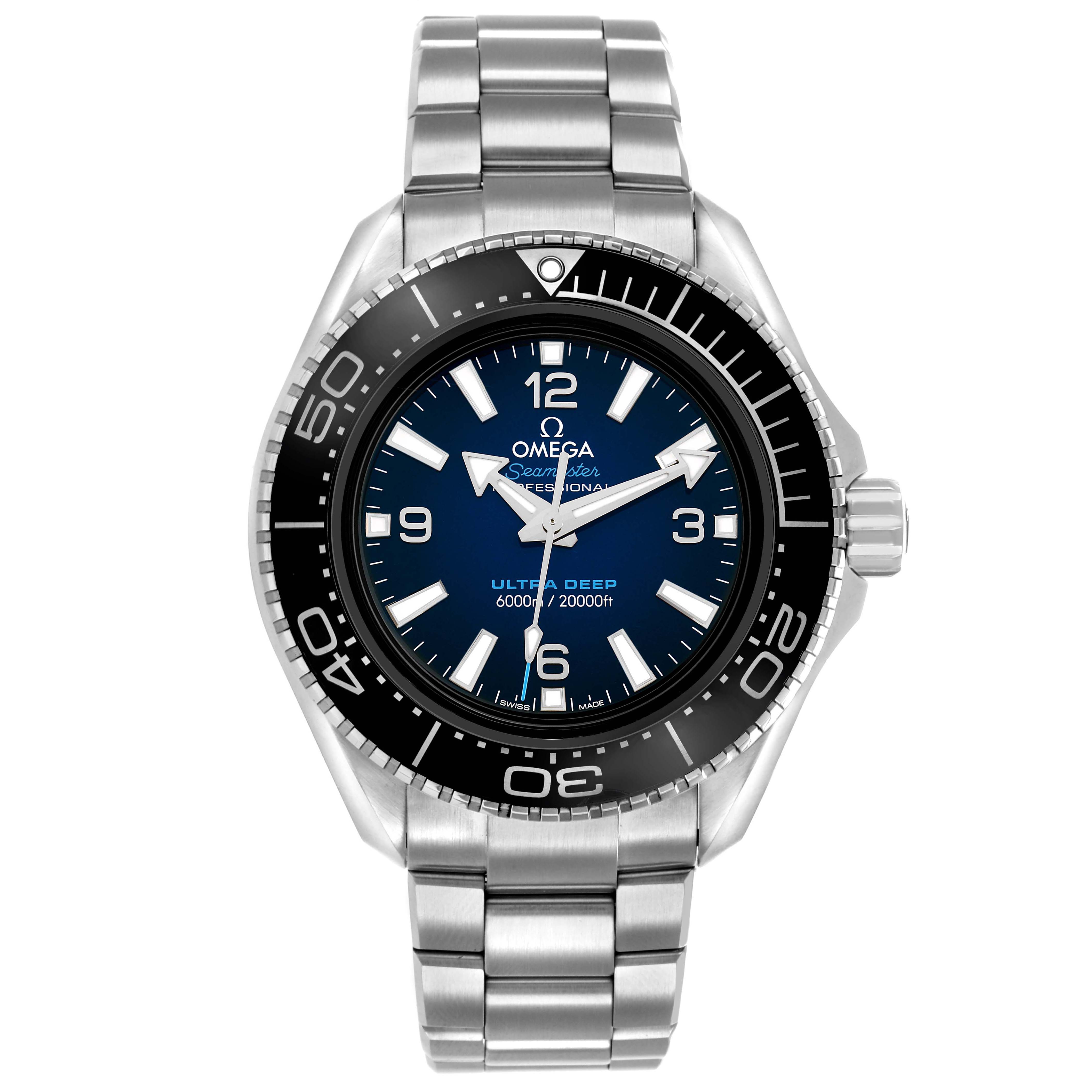 The Omega Planet Ocean 215.30.46.21.03.001 Men
s Stainless Steel Blue Dial model is shown from a front angle, displaying the dial, bezel, and part of the metal bracelet.