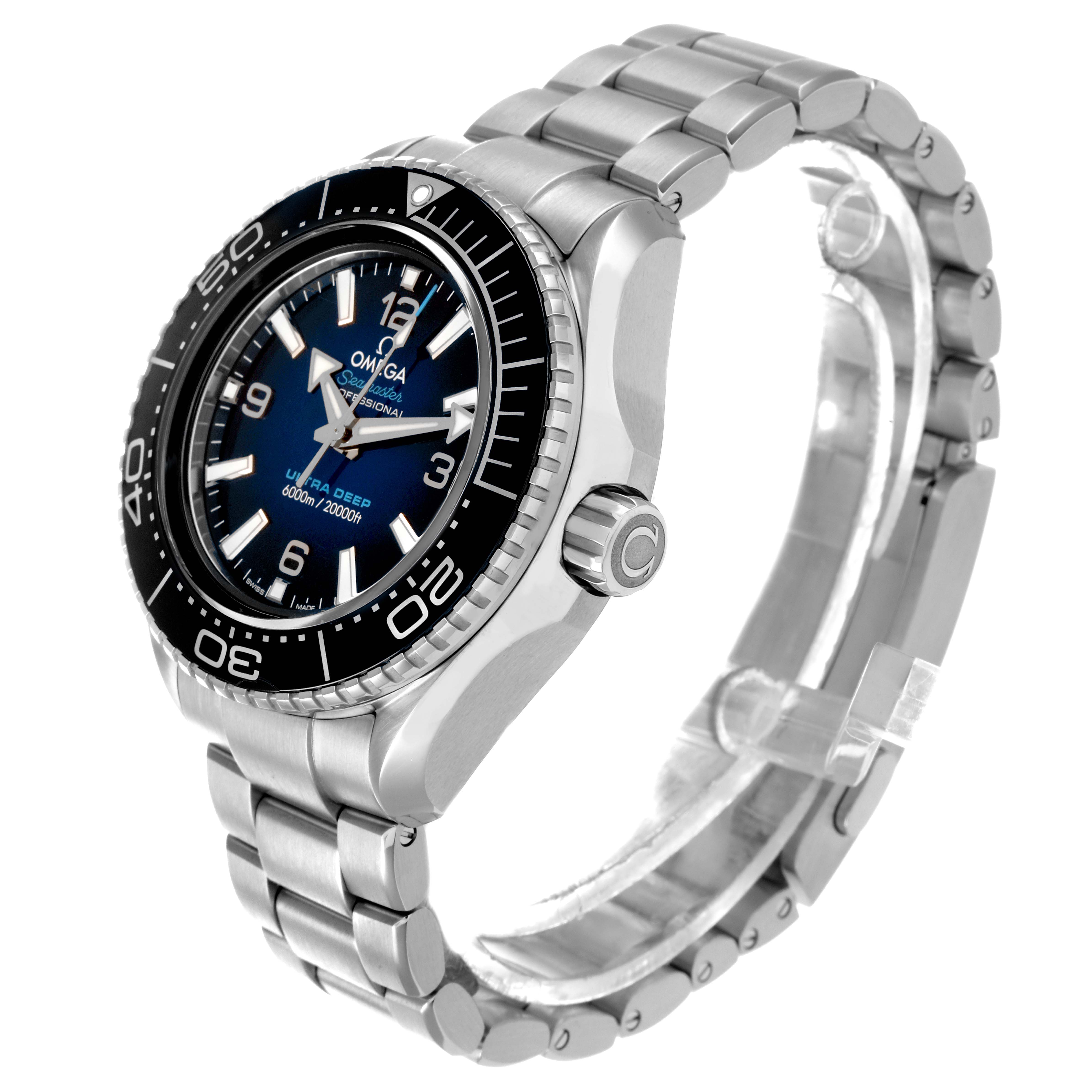 The Omega Planet Ocean 215.30.46.21.03.001 Men
s Stainless Steel Blue Dial watch is shown at a three-quarter angle, displaying the face, bezel, crown, and metal bracelet.