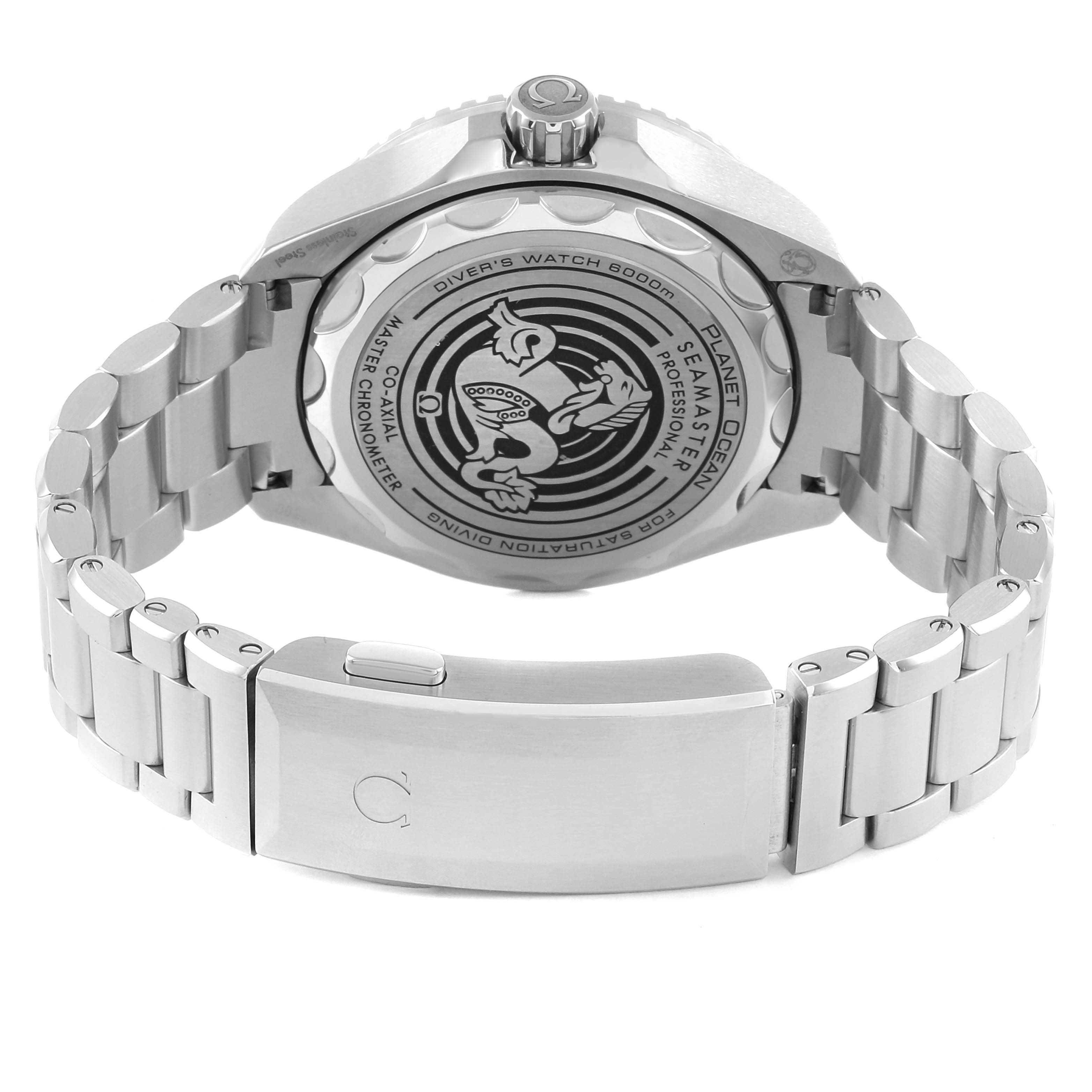 The image shows the backside and clasp of the Omega Planet Ocean 215.30.46.21.03.001 Men
s Stainless Steel Blue Dial watch, highlighting its case back design and bracelet.