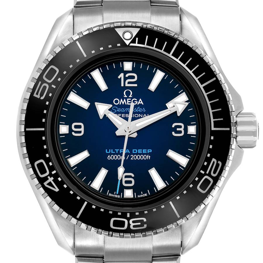 The Omega Planet Ocean 215.30.46.21.03.001 Men's Stainless Steel Blue Dial watch is shown from the front, highlighting the dial, bezel, and stainless steel bracelet.