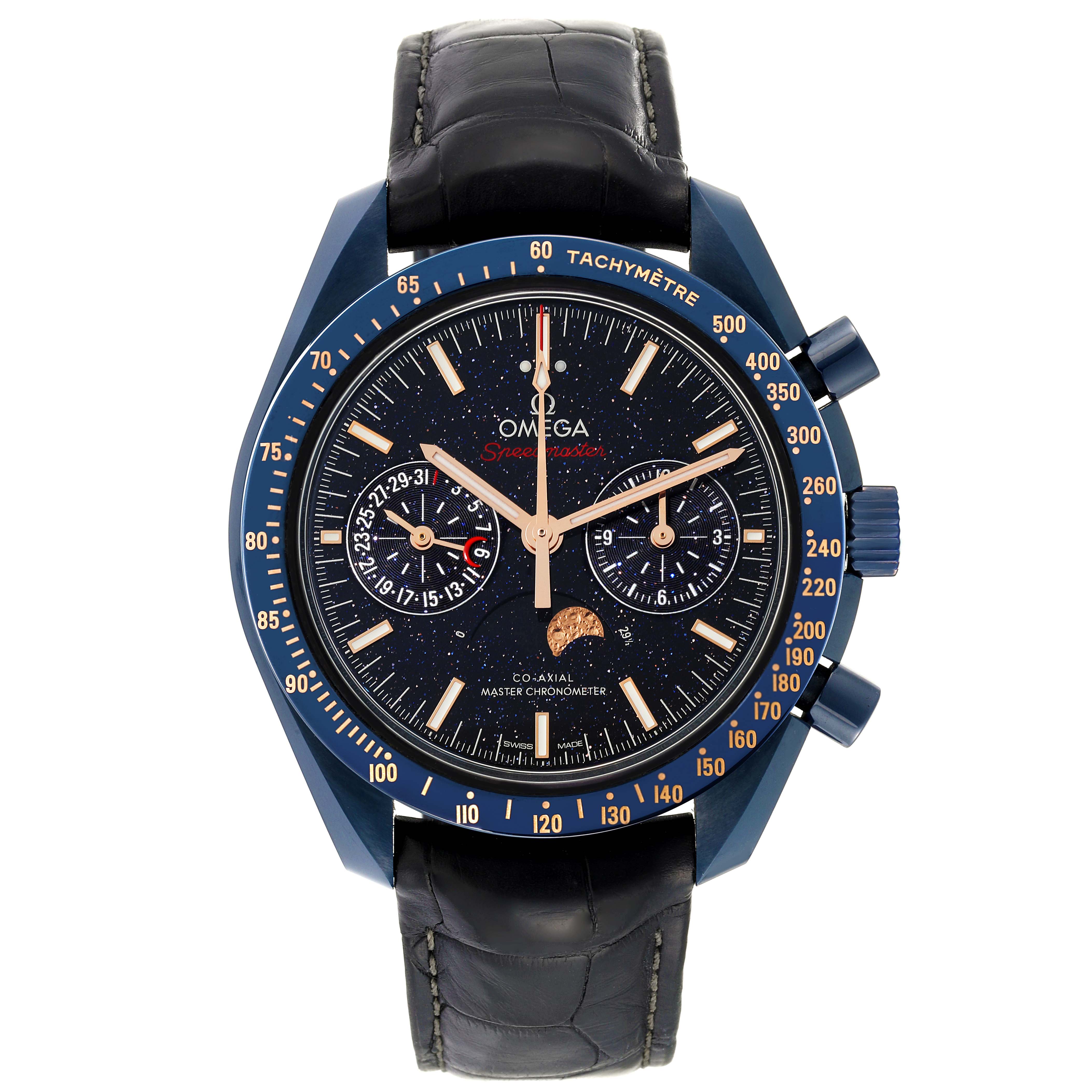 This image shows a front view of the Omega Speedmaster 304.93.44.52.03.002 Men's Ceramic Blue Dial 304.93.44.52.03.002 Men's Ceramic Blue Dial watch with its dial, subdials, bezel, and leather strap clearly visible.