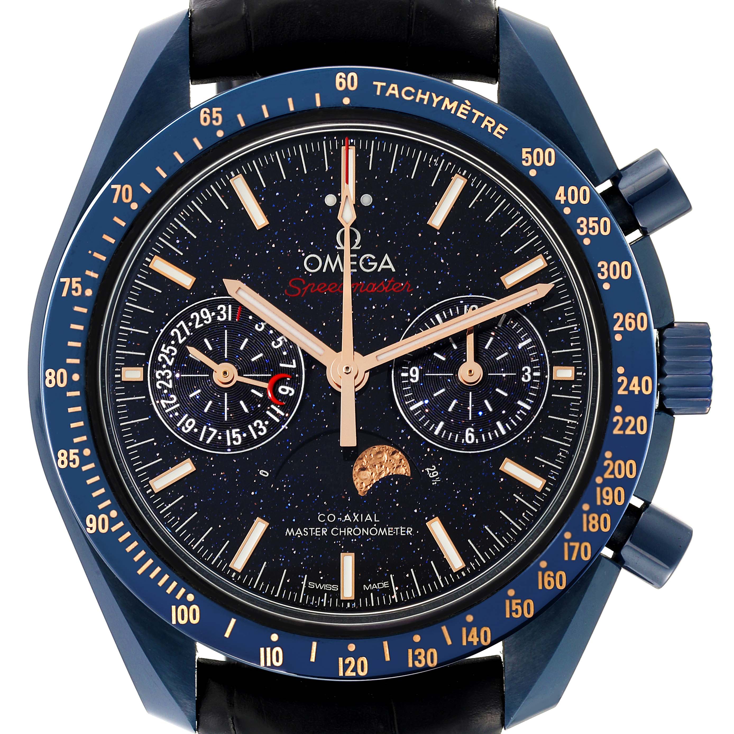 The Omega Speedmaster 304.93.44.52.03.002 Men's Ceramic Blue Dial 304.93.44.52.03.002 Men's Ceramic Blue Dial watch is shown from the front, highlighting the face, bezel, subdials, and part of the leather strap.