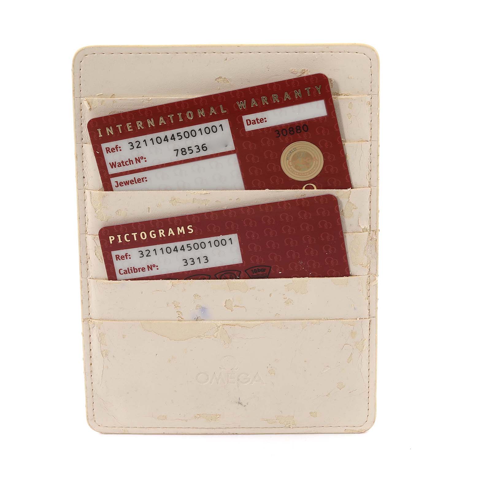 The image shows Omega Speedmaster 321.10.44.50.01.001 Men
s Stainless Steel Black Dial 321.10.44.50.01.001 Men
s Stainless Steel Black Dial warranty and pictogram cards in a white card holder.