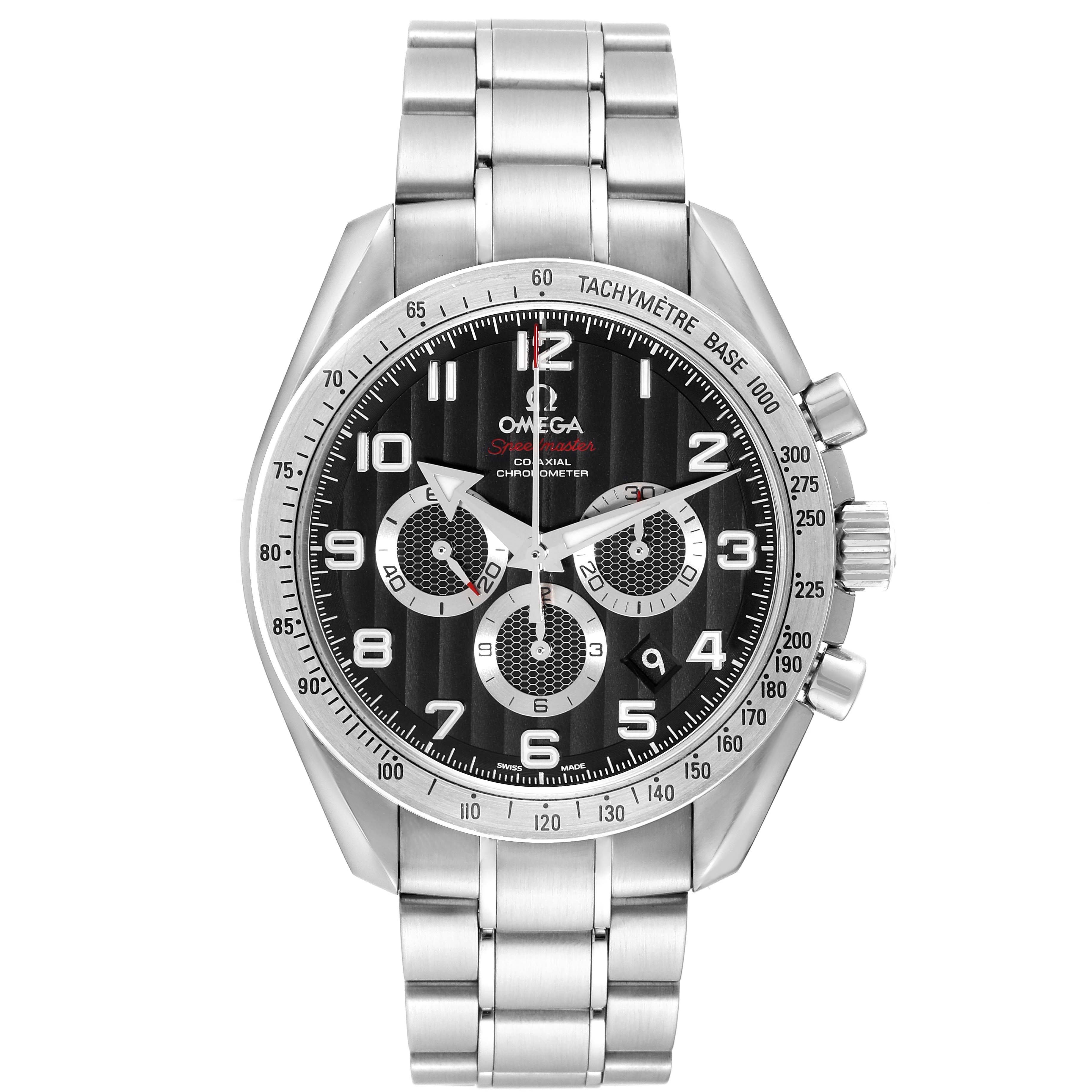 The image shows a front view of the Omega Speedmaster 321.10.44.50.01.001 Men
s Stainless Steel Black Dial 321.10.44.50.01.001 Men
s Stainless Steel Black Dial watch, displaying the dial, bezel, and bracelet.